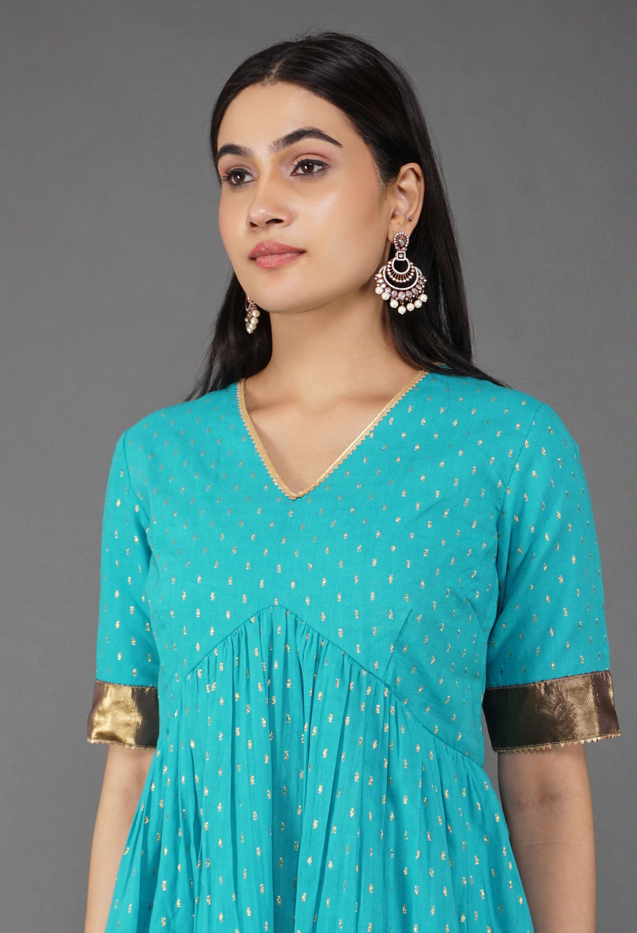 Blue Gather Kurta Set | Gathered Kurta For Women