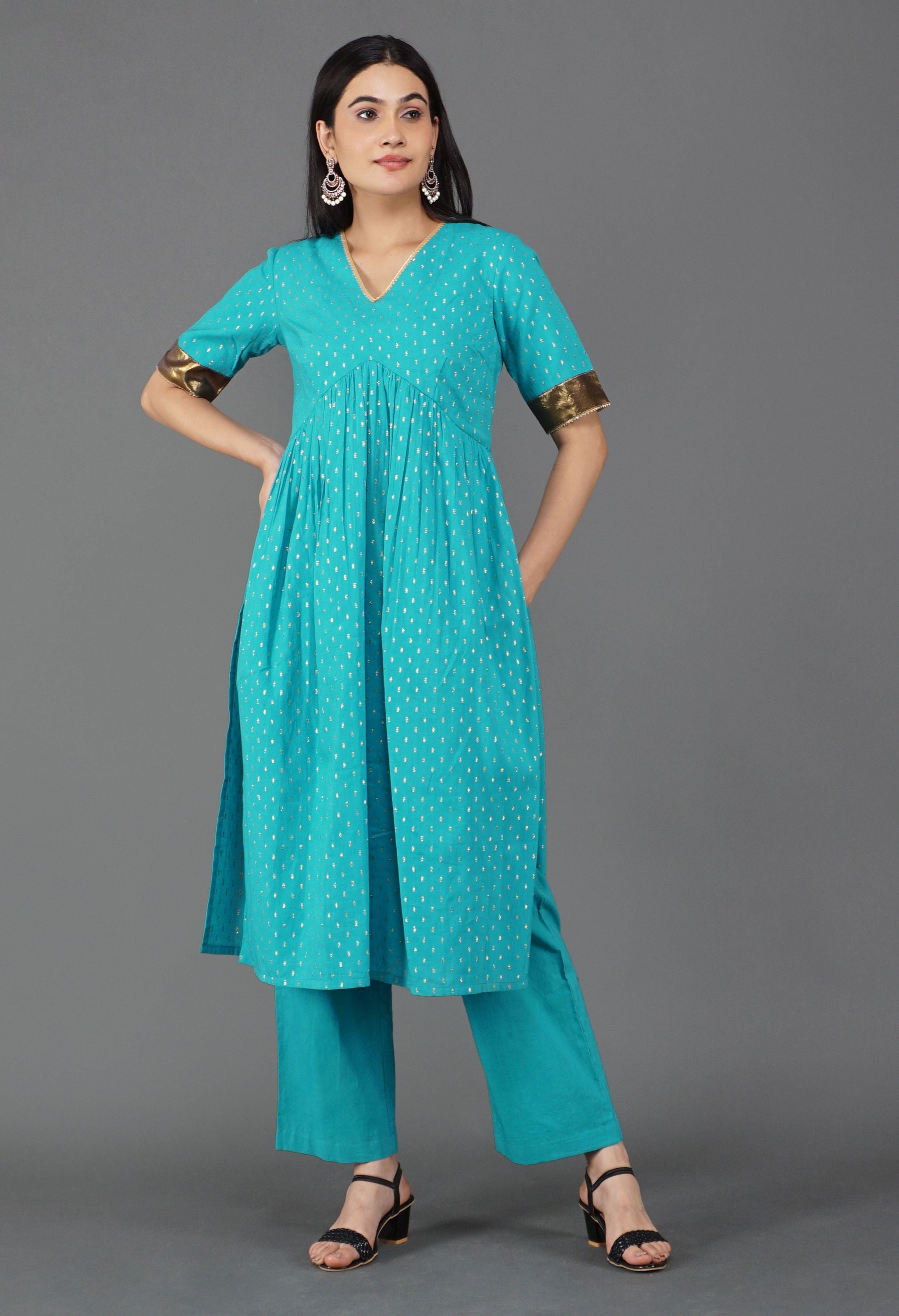 Blue Gather Kurta Set | Gathered Kurta For Women