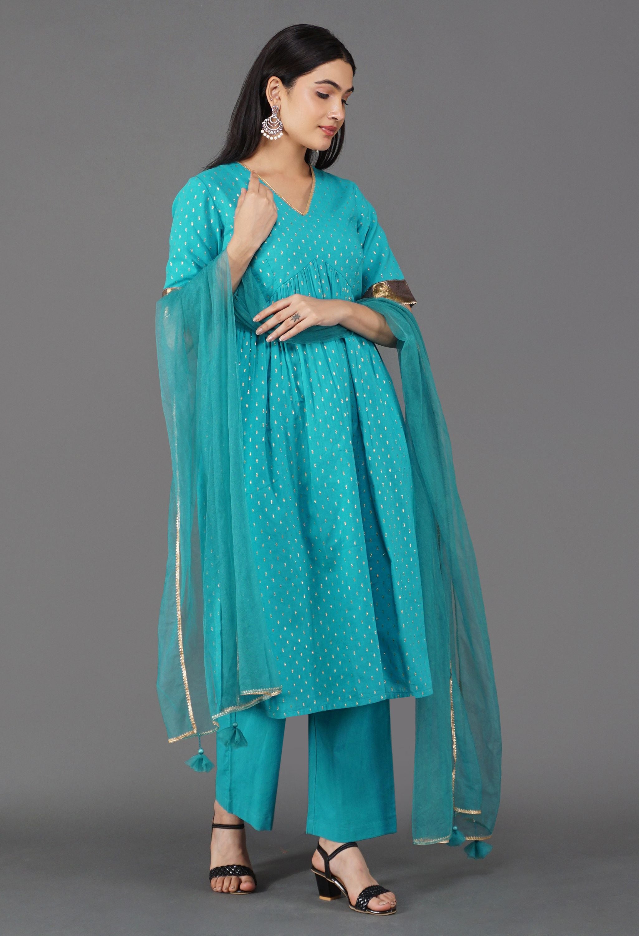 Blue Gather Kurta Set | Gathered Kurta For Women
