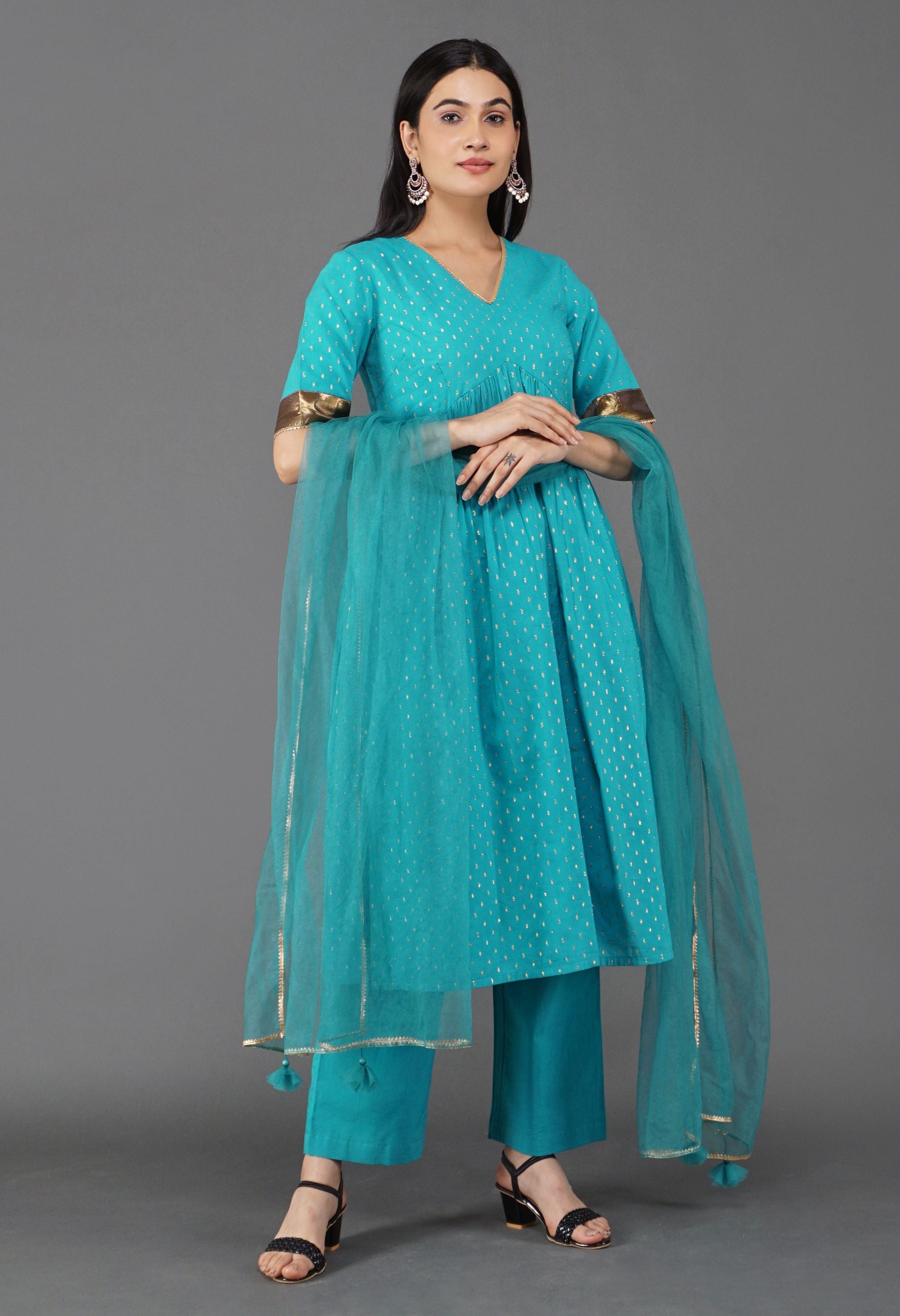 Blue Gather Kurta Set | Gathered Kurta For Women