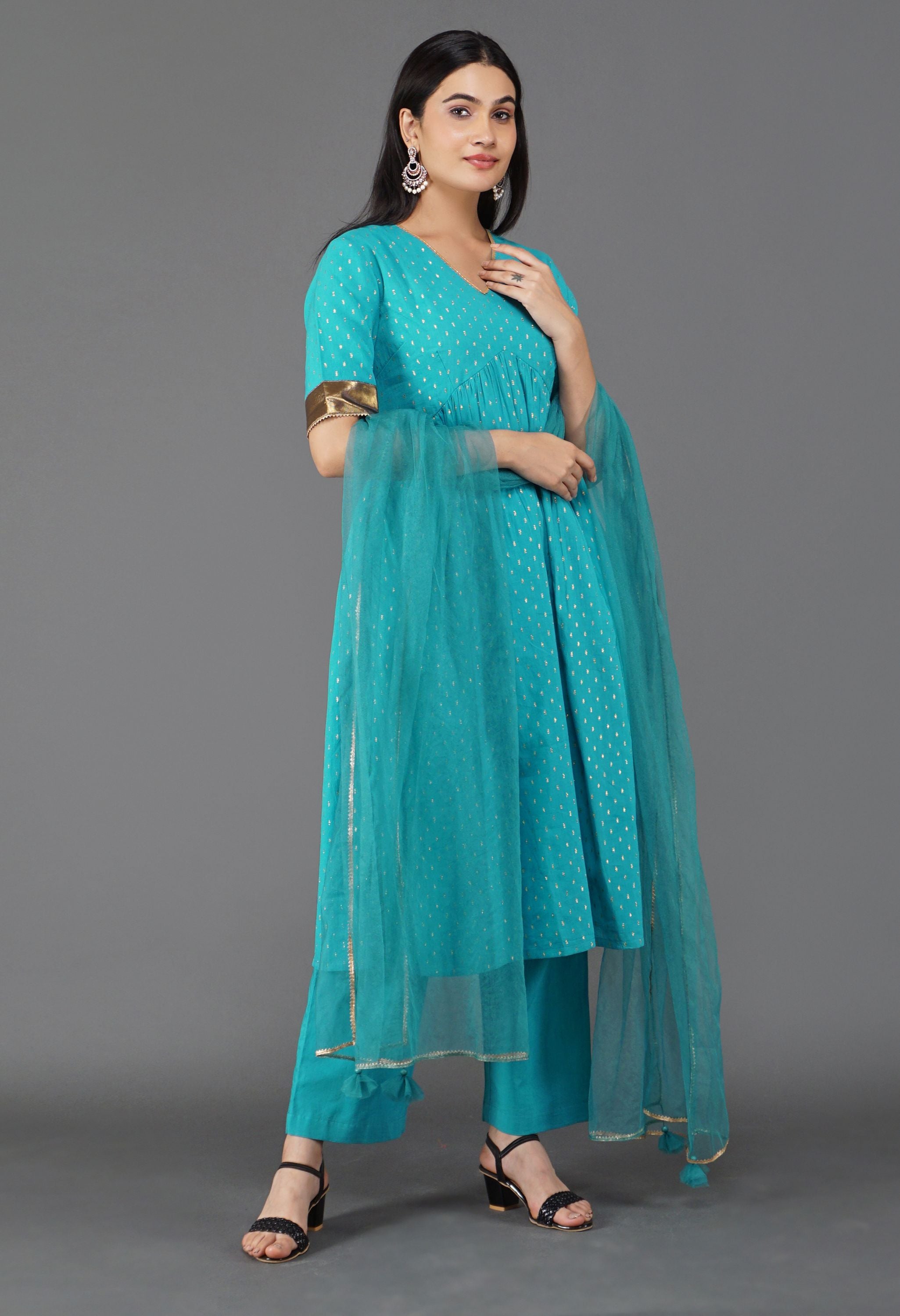 Blue Gather Kurta Set | Gathered Kurta For Women