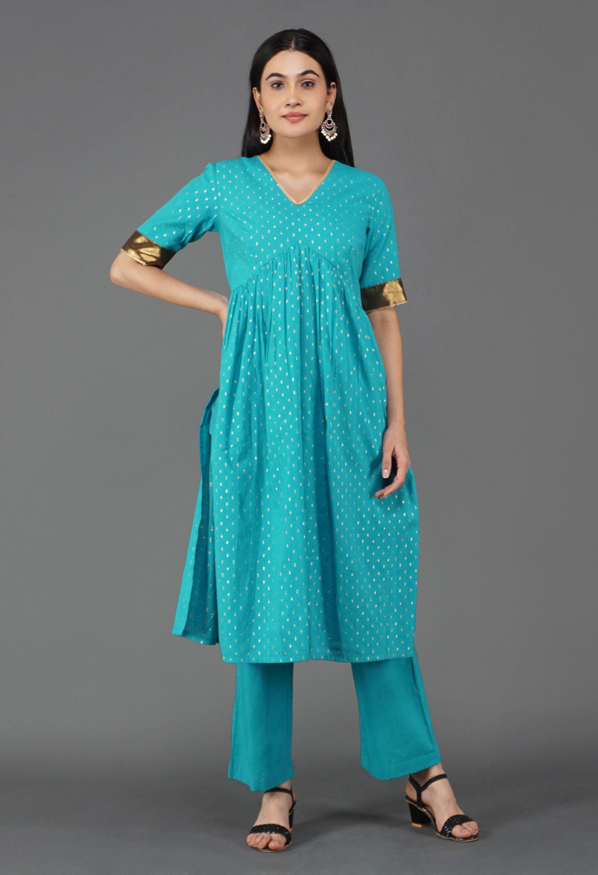 Blue Gather Kurta Set | Gathered Kurta For Women