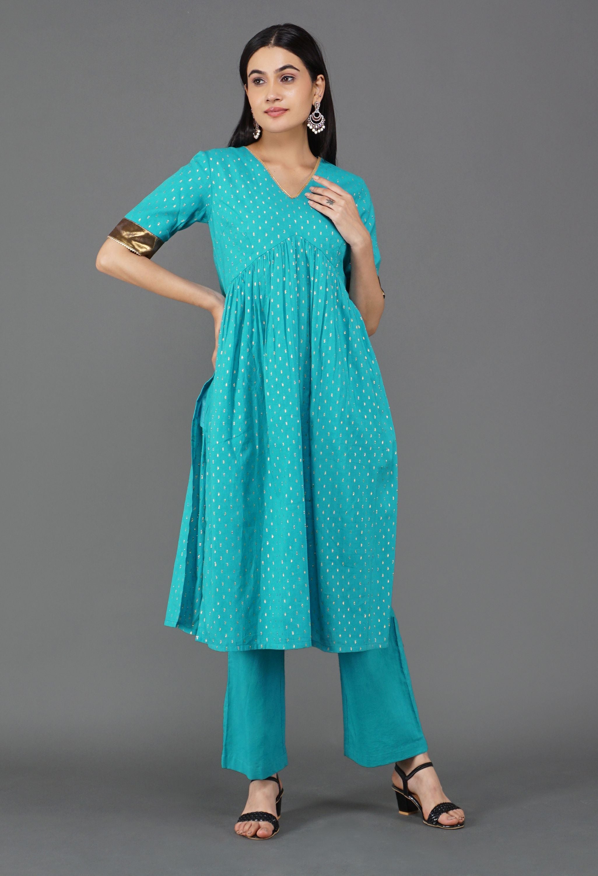 Blue Gather Kurta Set | Gathered Kurta For Women