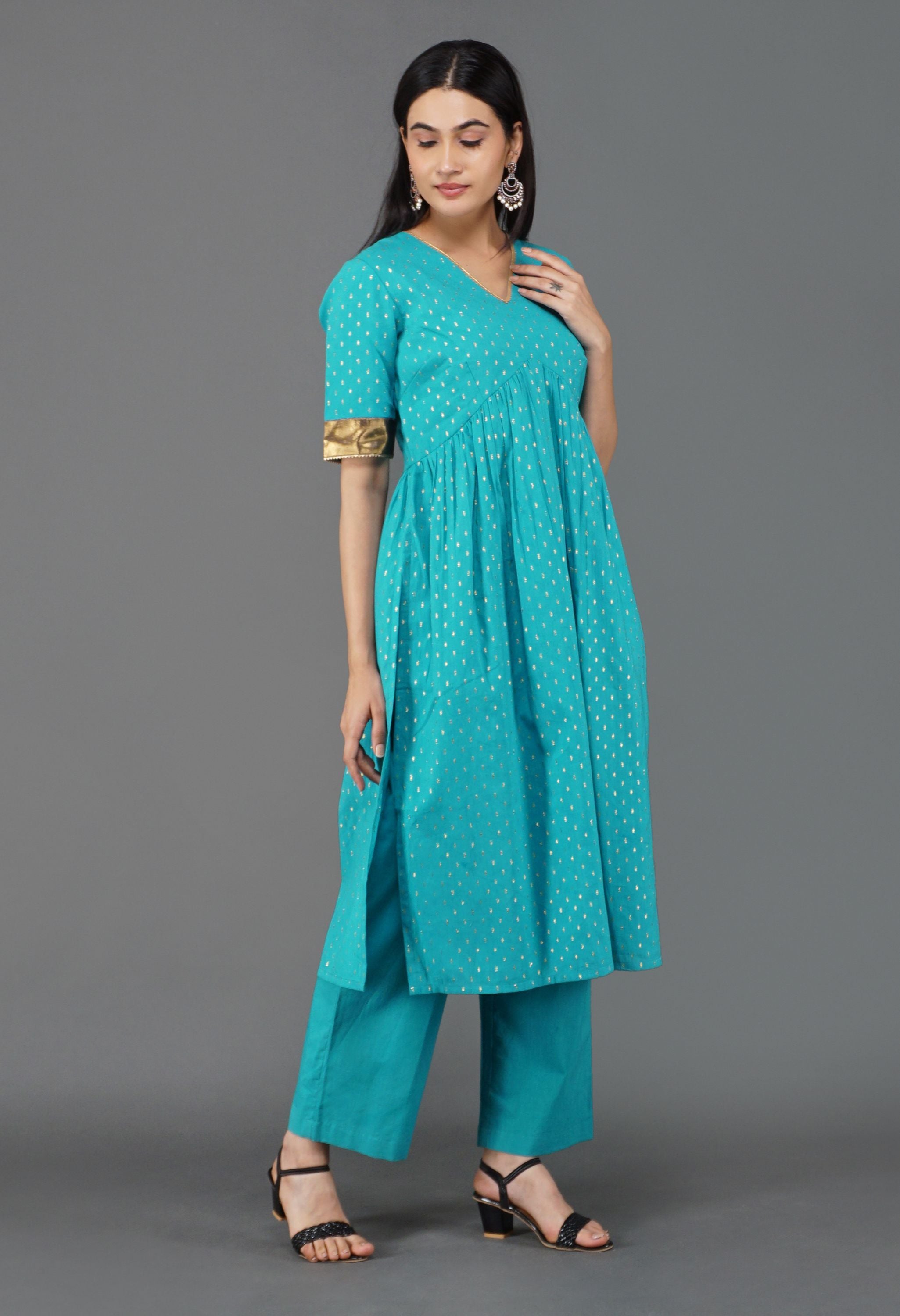 Blue Gather Kurta Set | Gathered Kurta For Women