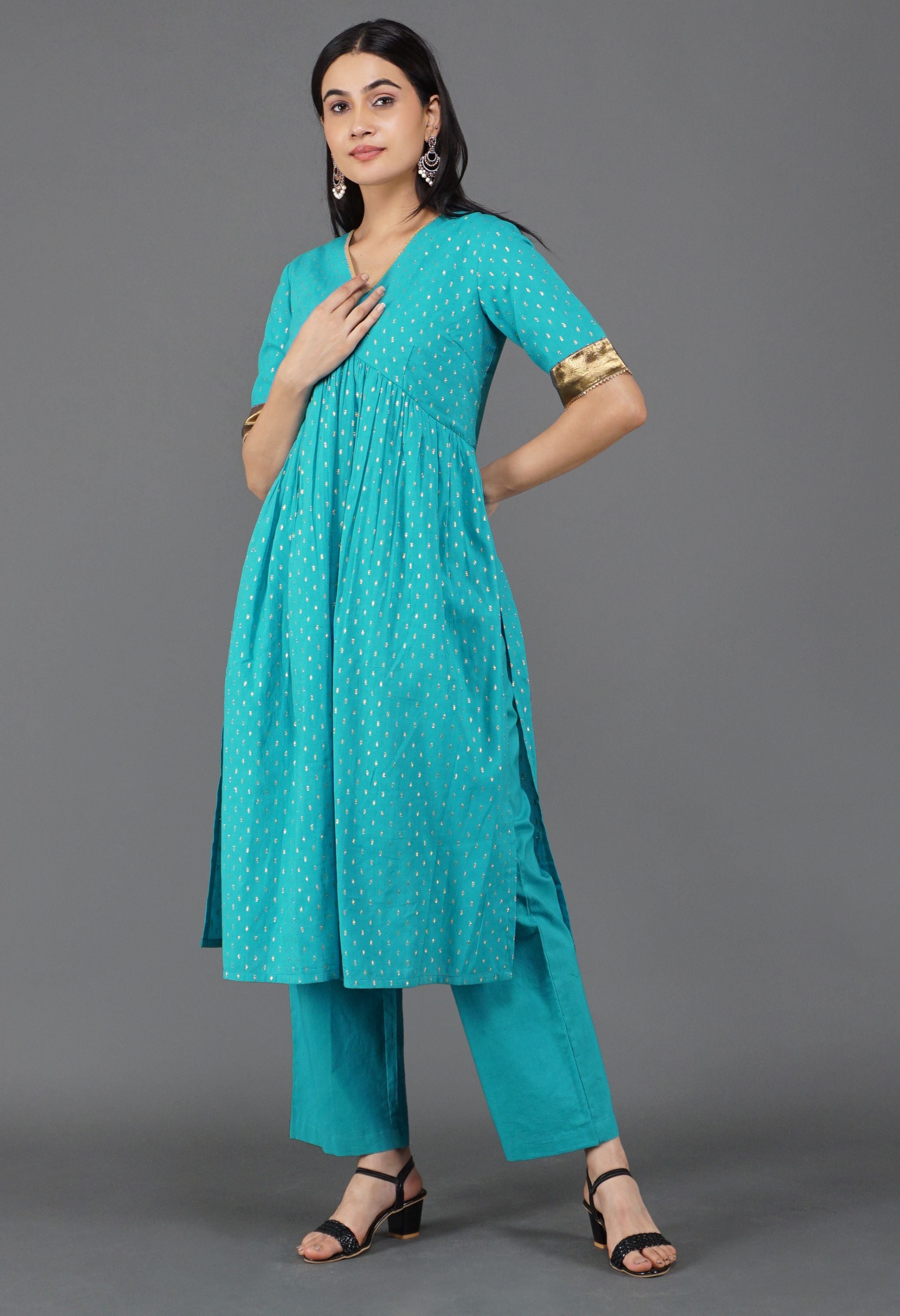 Blue Gather Kurta Set | Gathered Kurta For Women