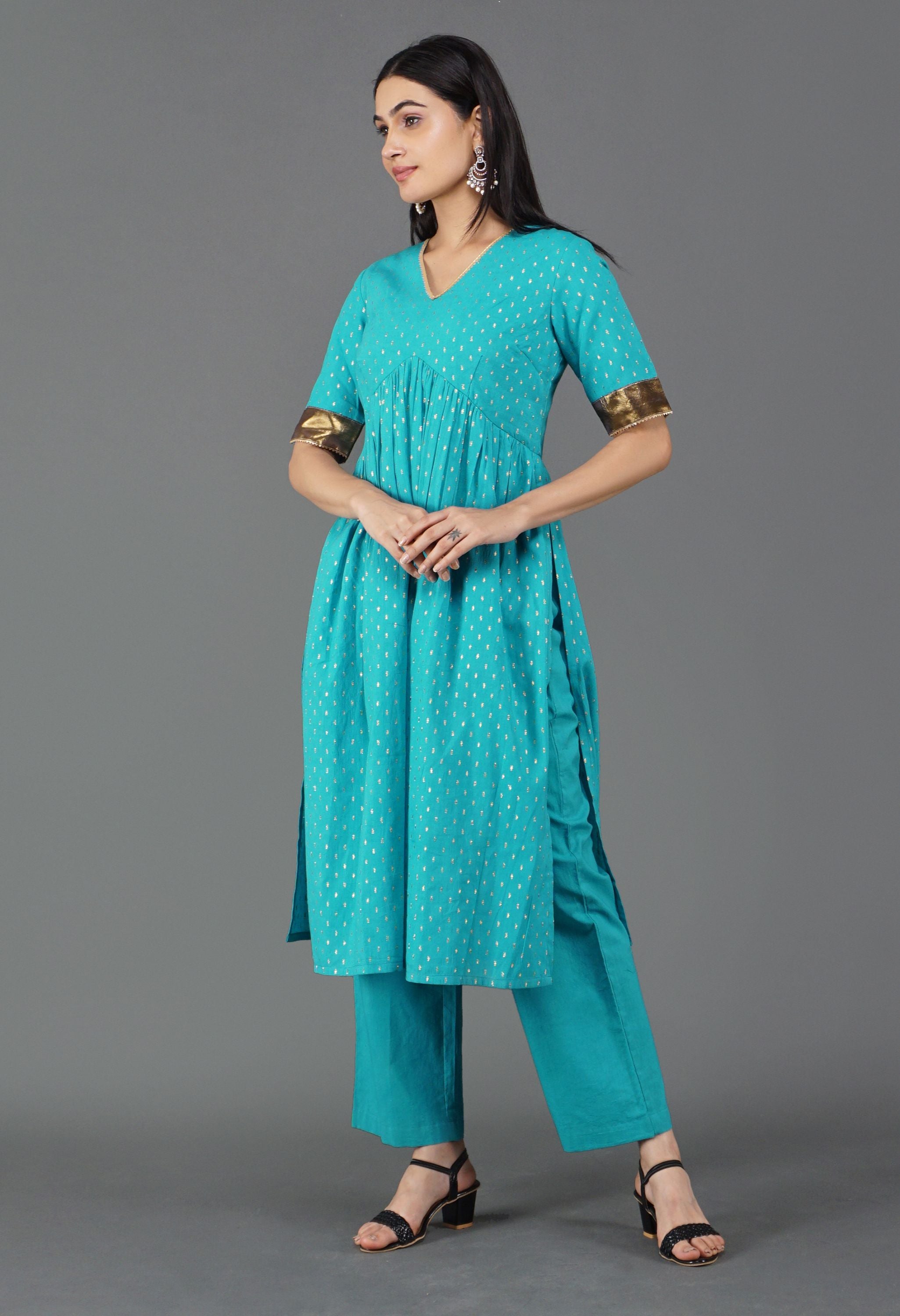 Blue Gather Kurta Set | Gathered Kurta For Women