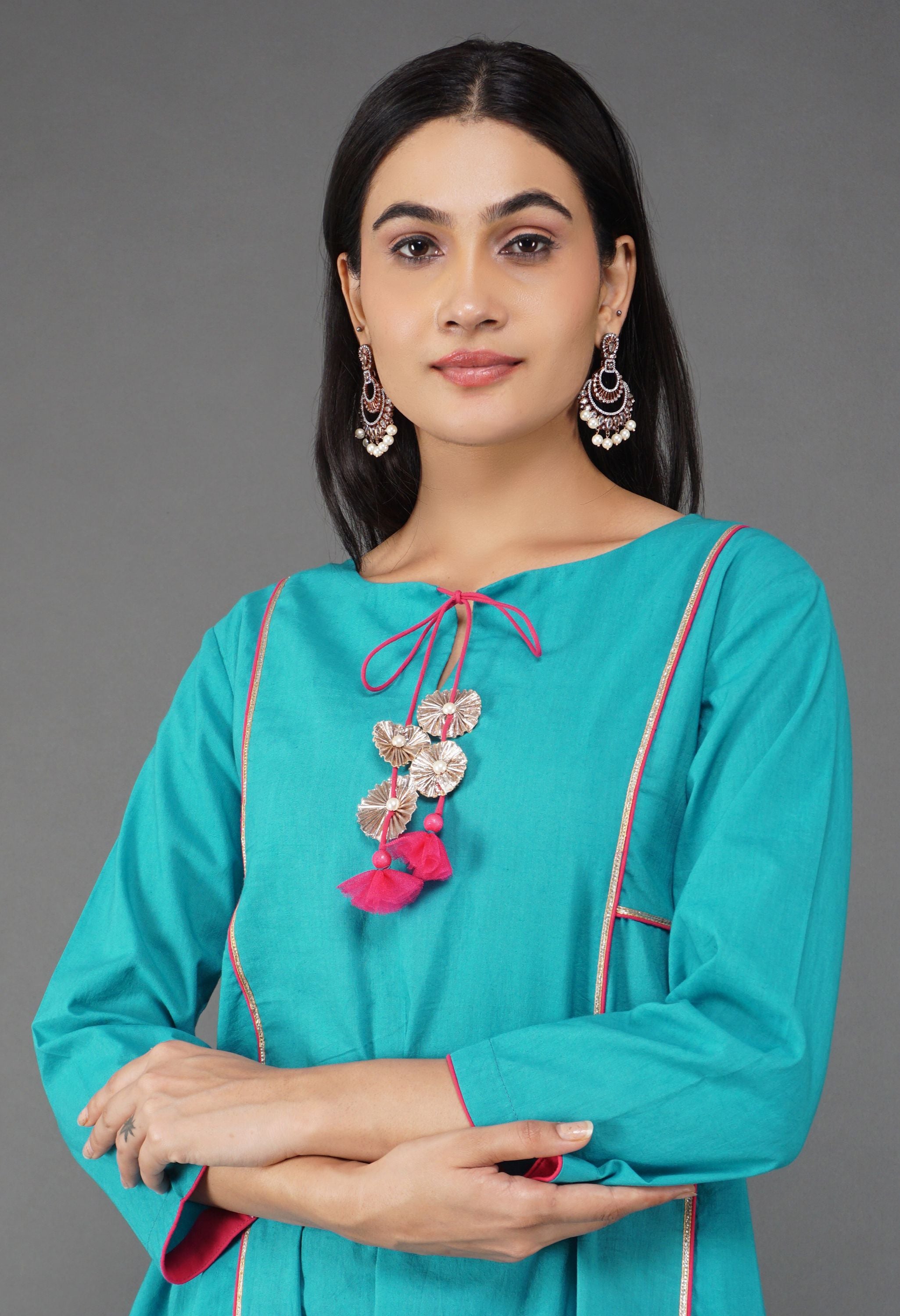 Blue Cotton Panel Kurta Set | Blue Kurta Sets for Women