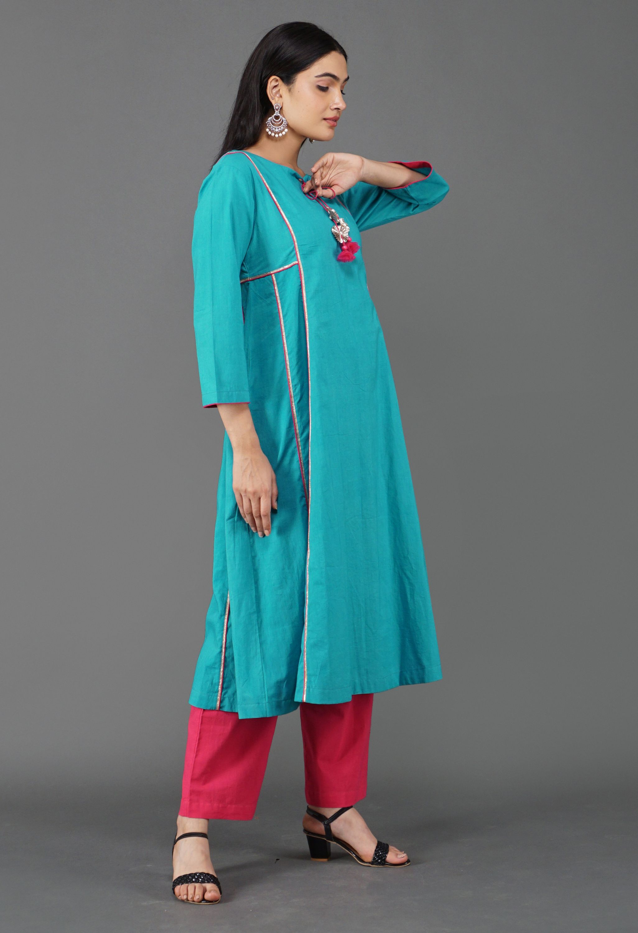 Blue Cotton Panel Kurta Set | Blue Kurta Sets for Women