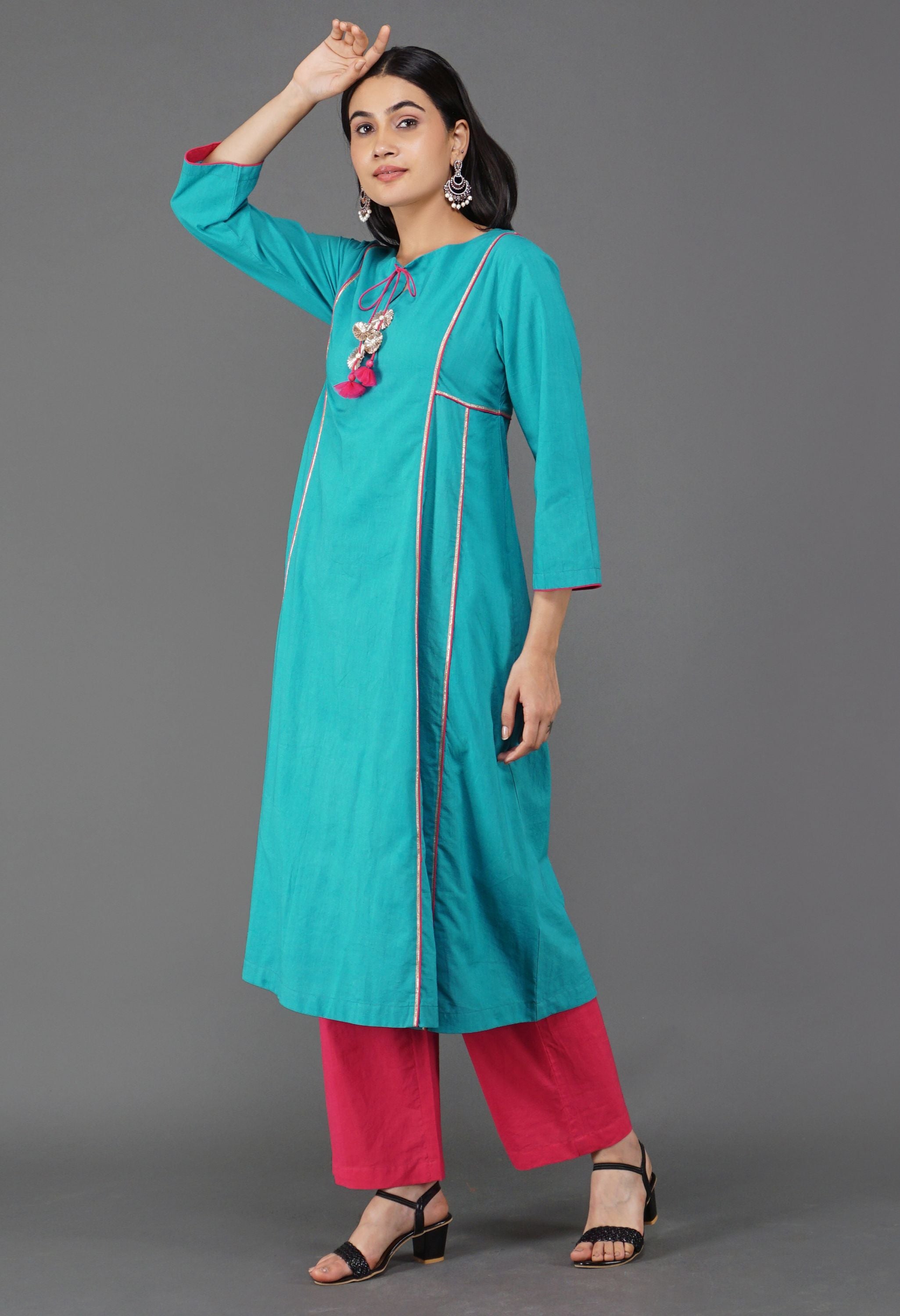 Blue Cotton Panel Kurta Set | Blue Kurta Sets for Women