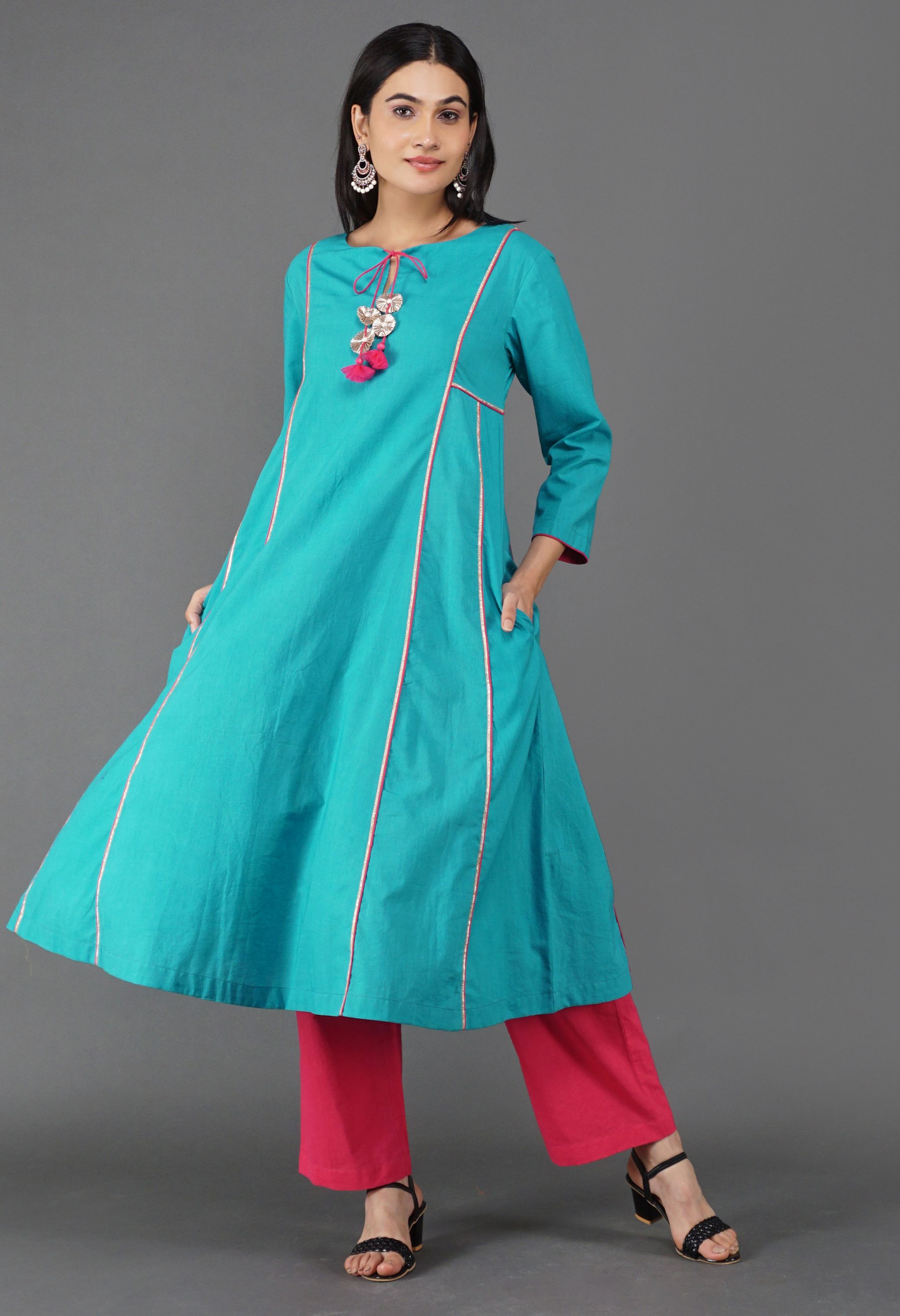 Blue Cotton Panel Kurta Set | Blue Kurta Sets for Women