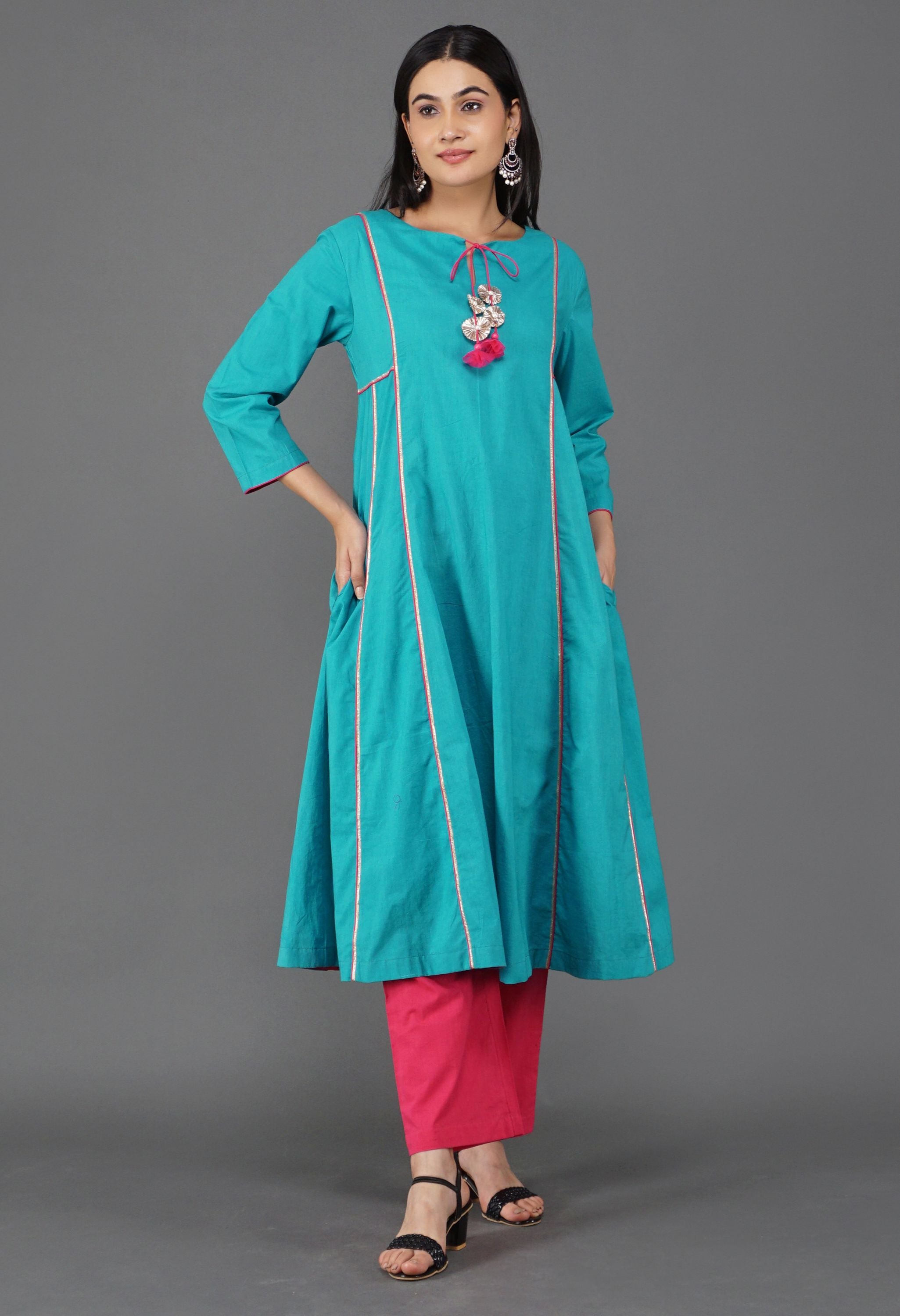 Blue Cotton Panel Kurta Set | Blue Kurta Sets for Women