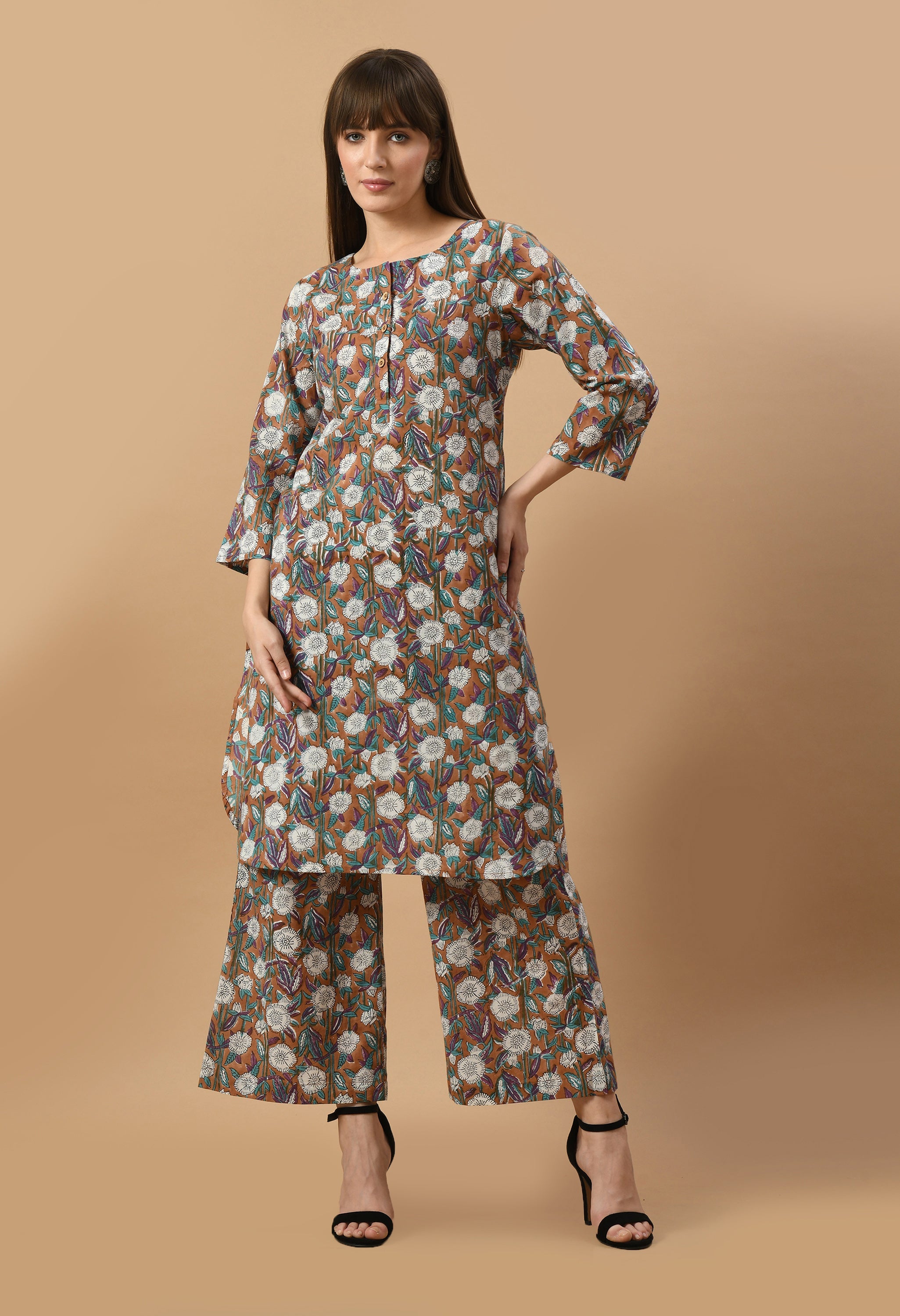 brown-hand-block-cotton-kurta-set