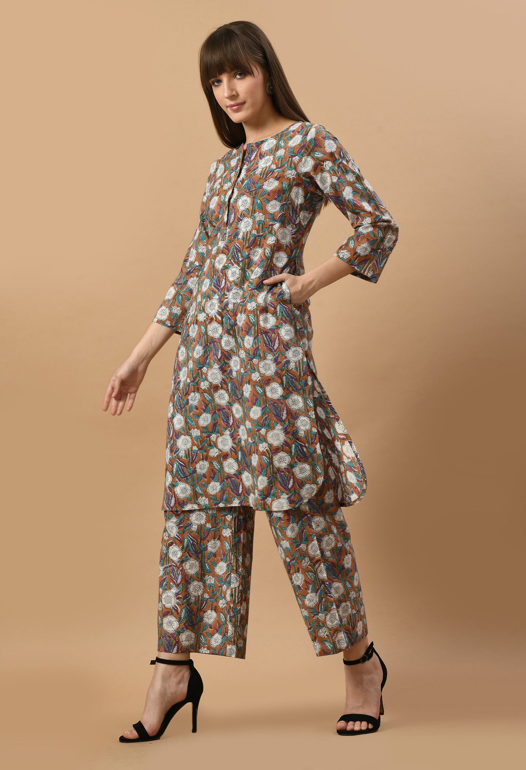 brown-hand-block-cotton-kurta-set
