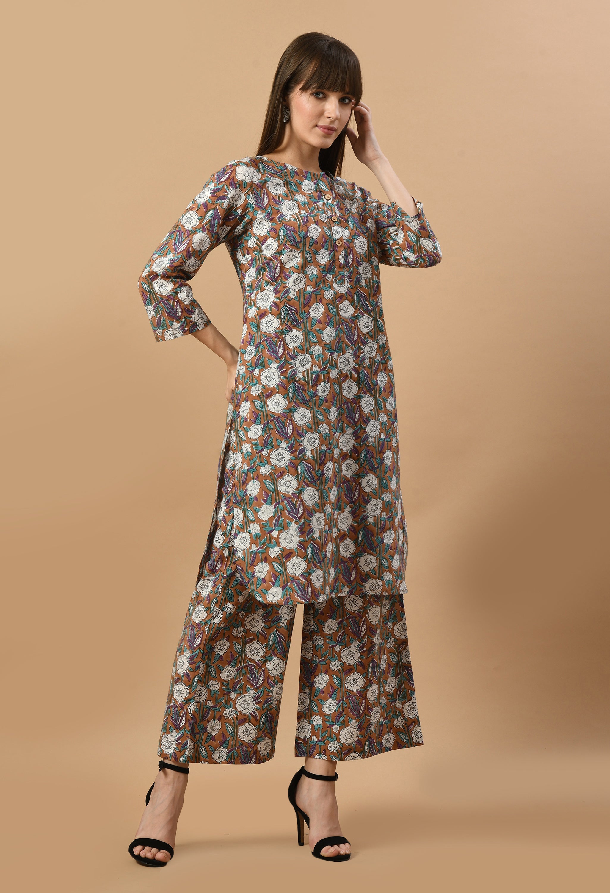 brown-hand-block-cotton-kurta-set