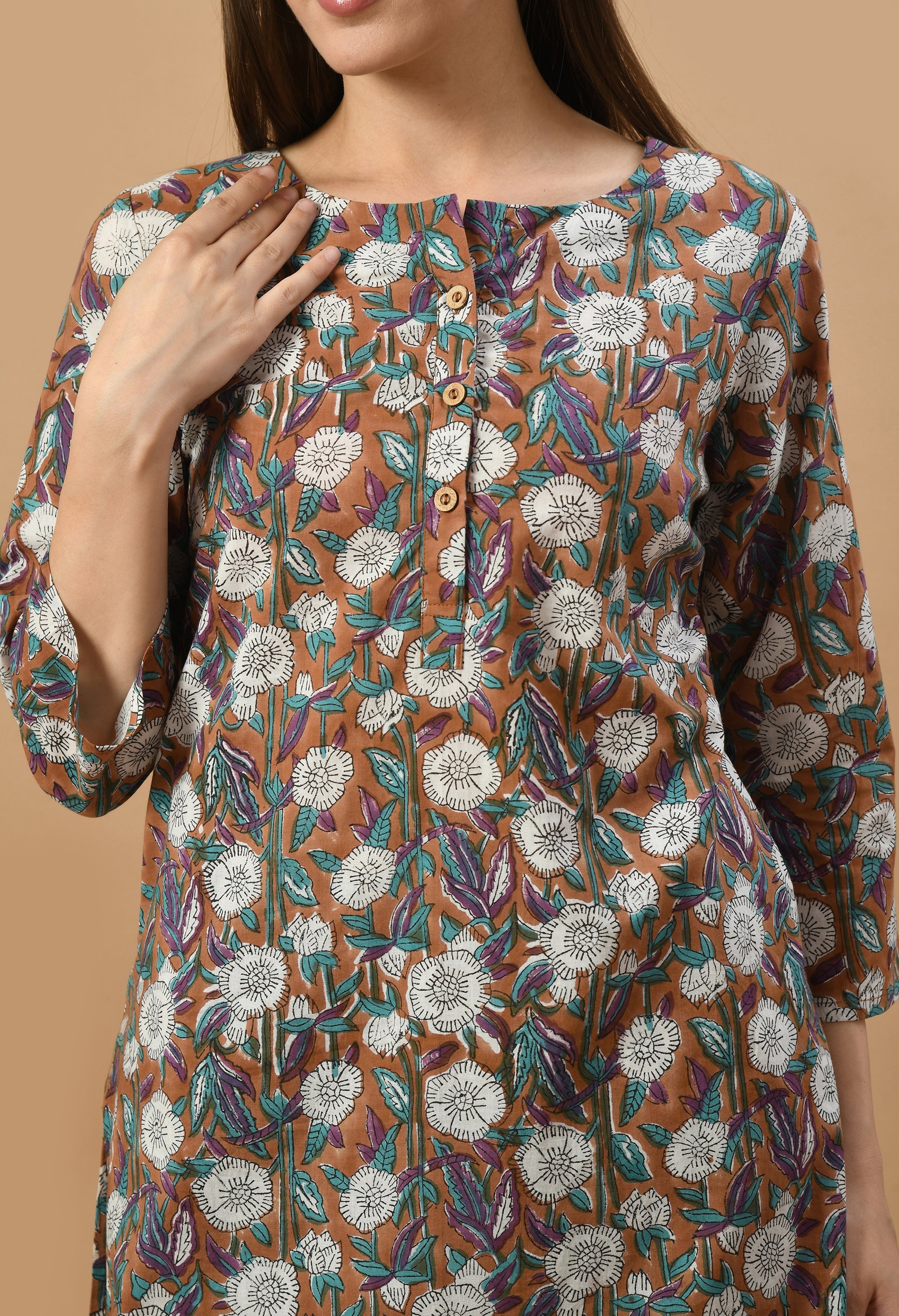 brown-hand-block-cotton-kurta-set