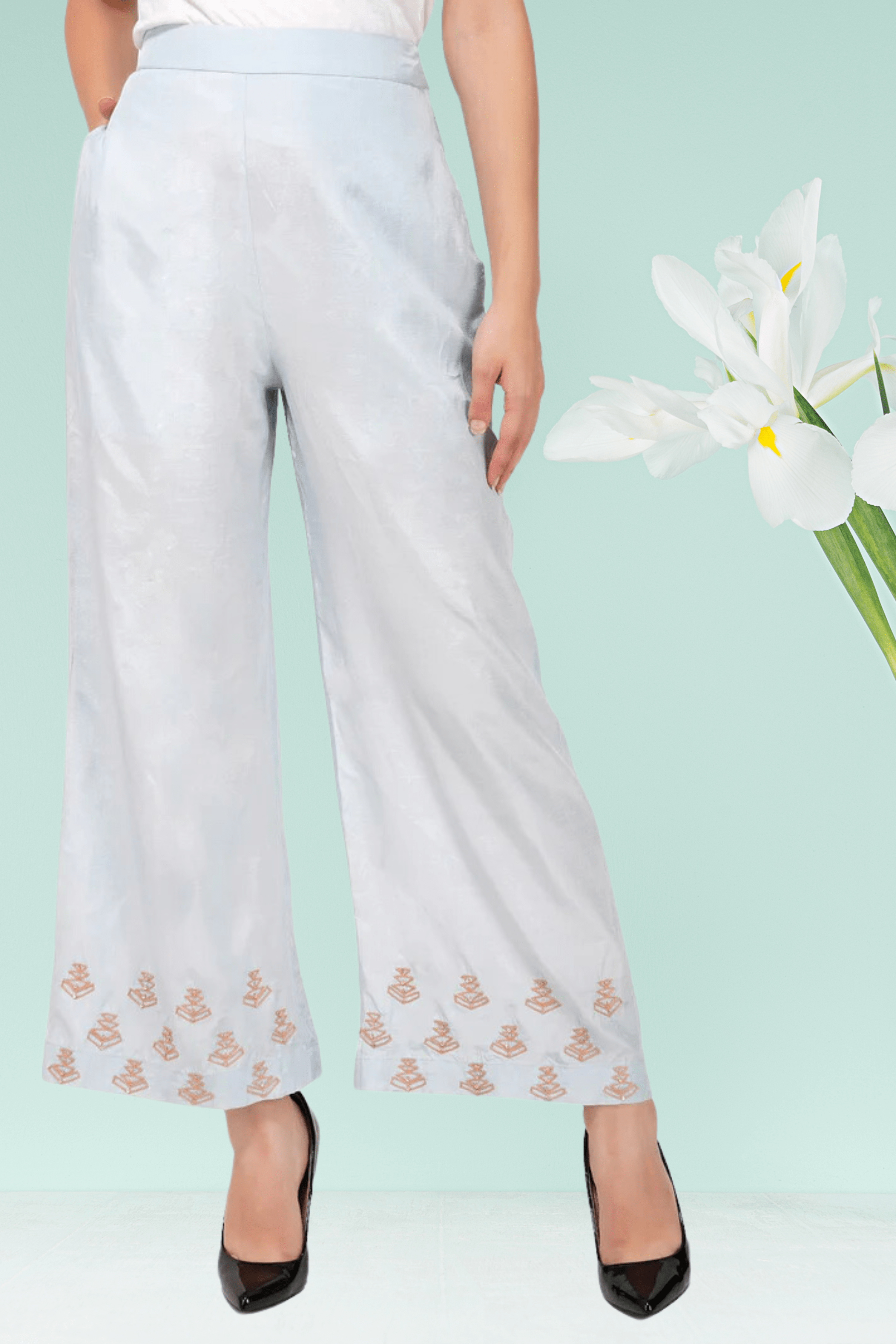 Cotton Embroidery Relaxed Bottom | Embroidery Trousers For Women
