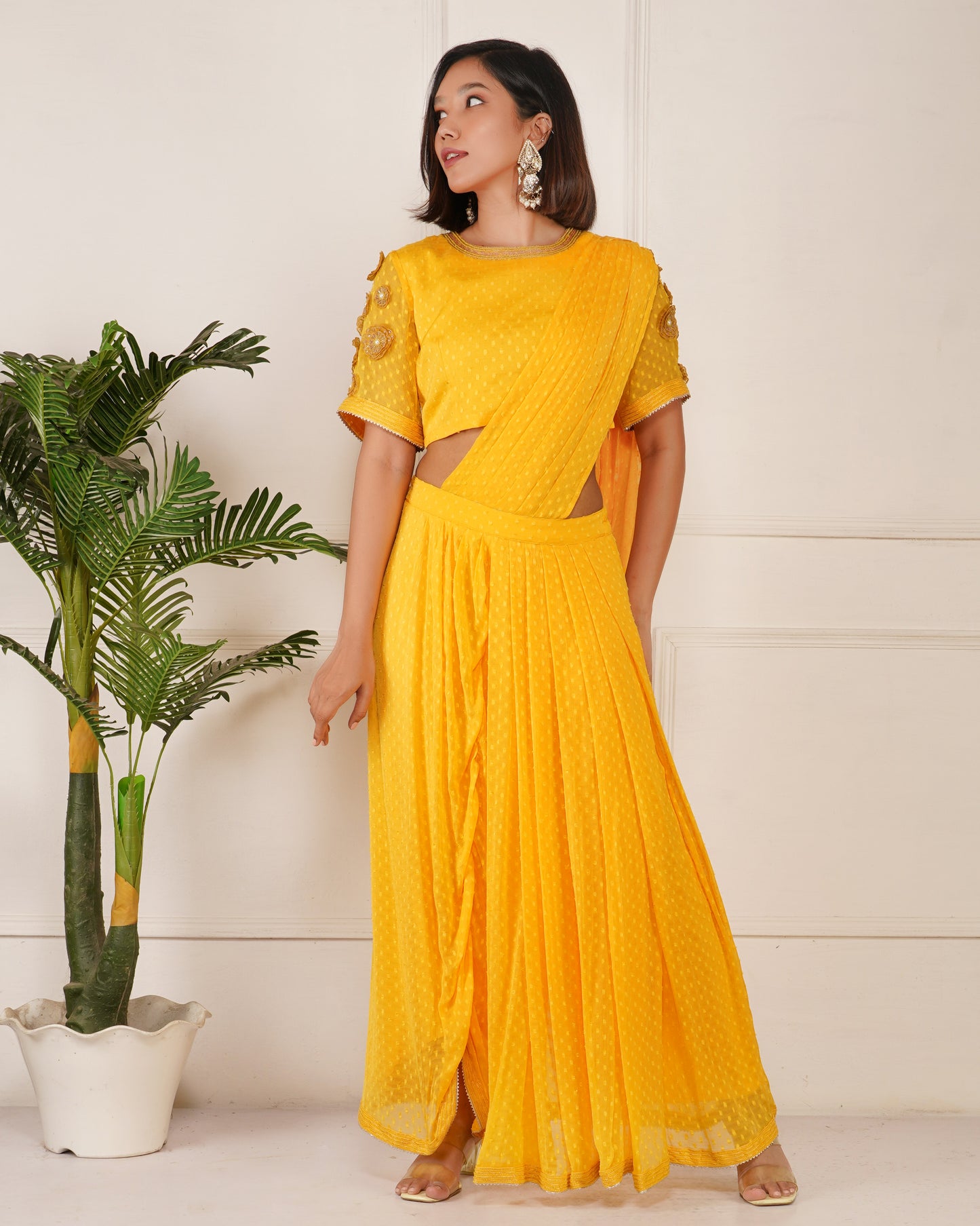 Raag Prestich Saree Set | Yellow Pre-Draped Sarees for Women