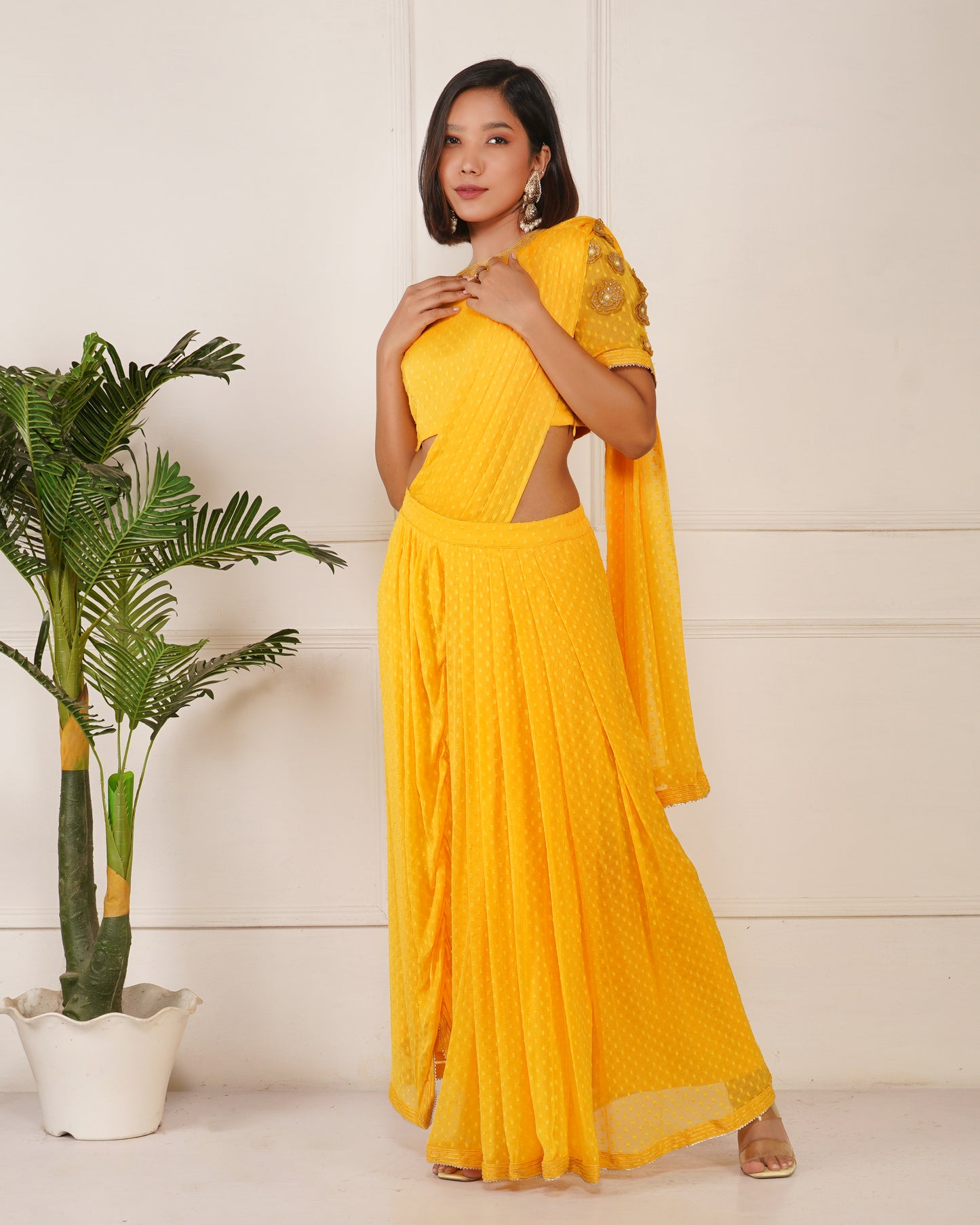 Raag Prestich Saree Set | Yellow Pre-Draped Sarees for Women