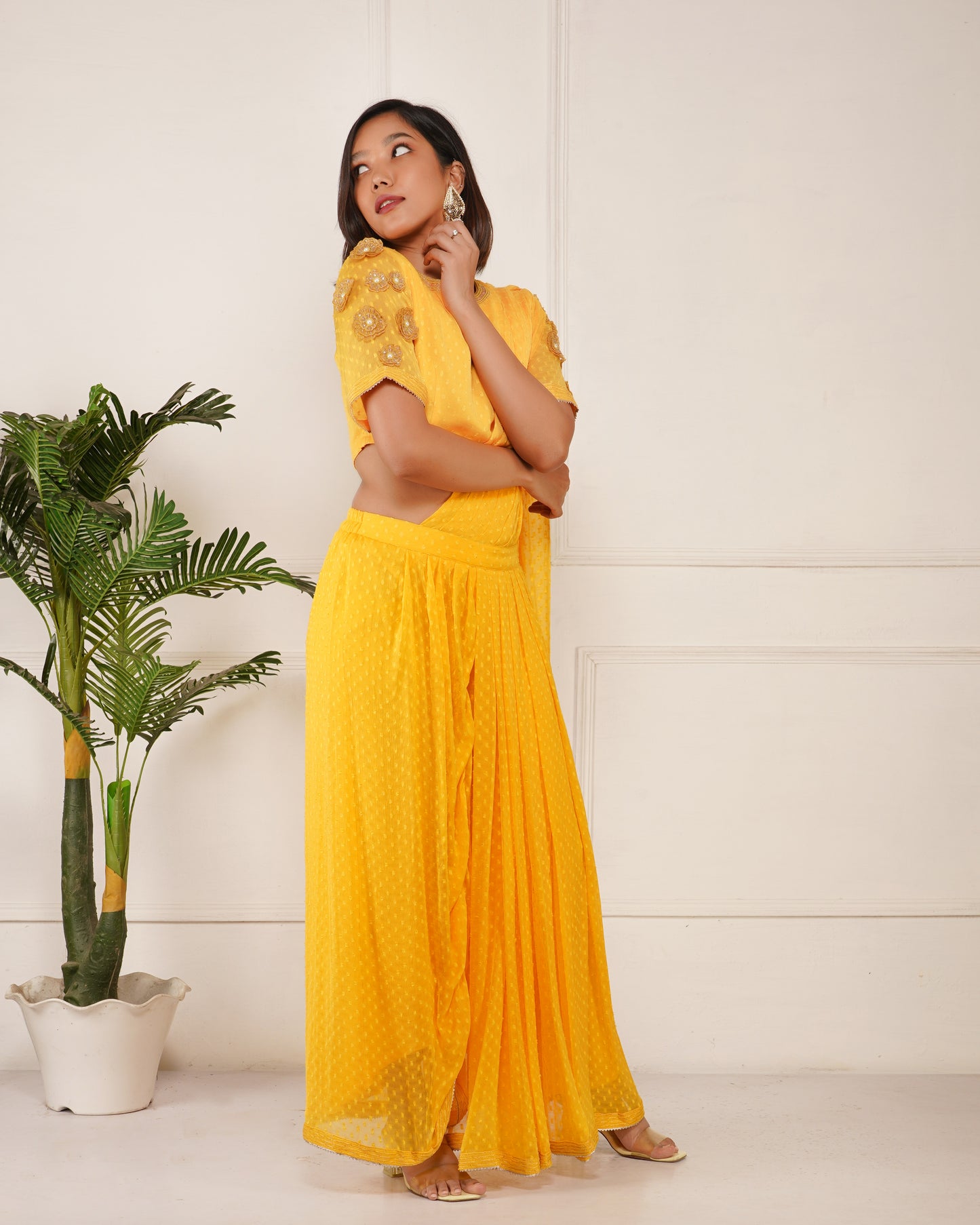 Raag Prestich Saree Set | Yellow Pre-Draped Sarees for Women