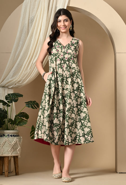 Heena Green Hand-Block Cotton Dress