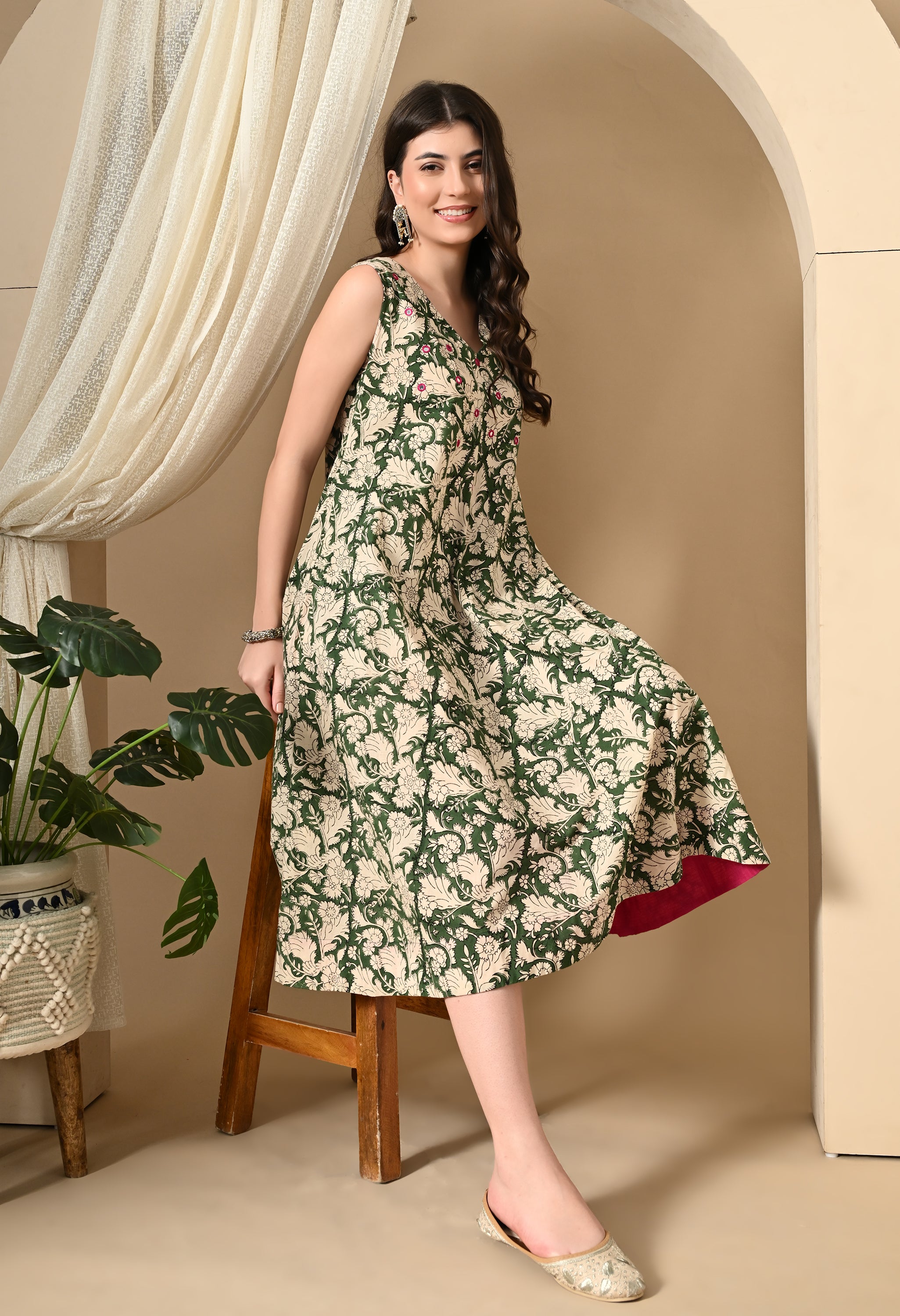 Heena Green Hand-Block Cotton Dress