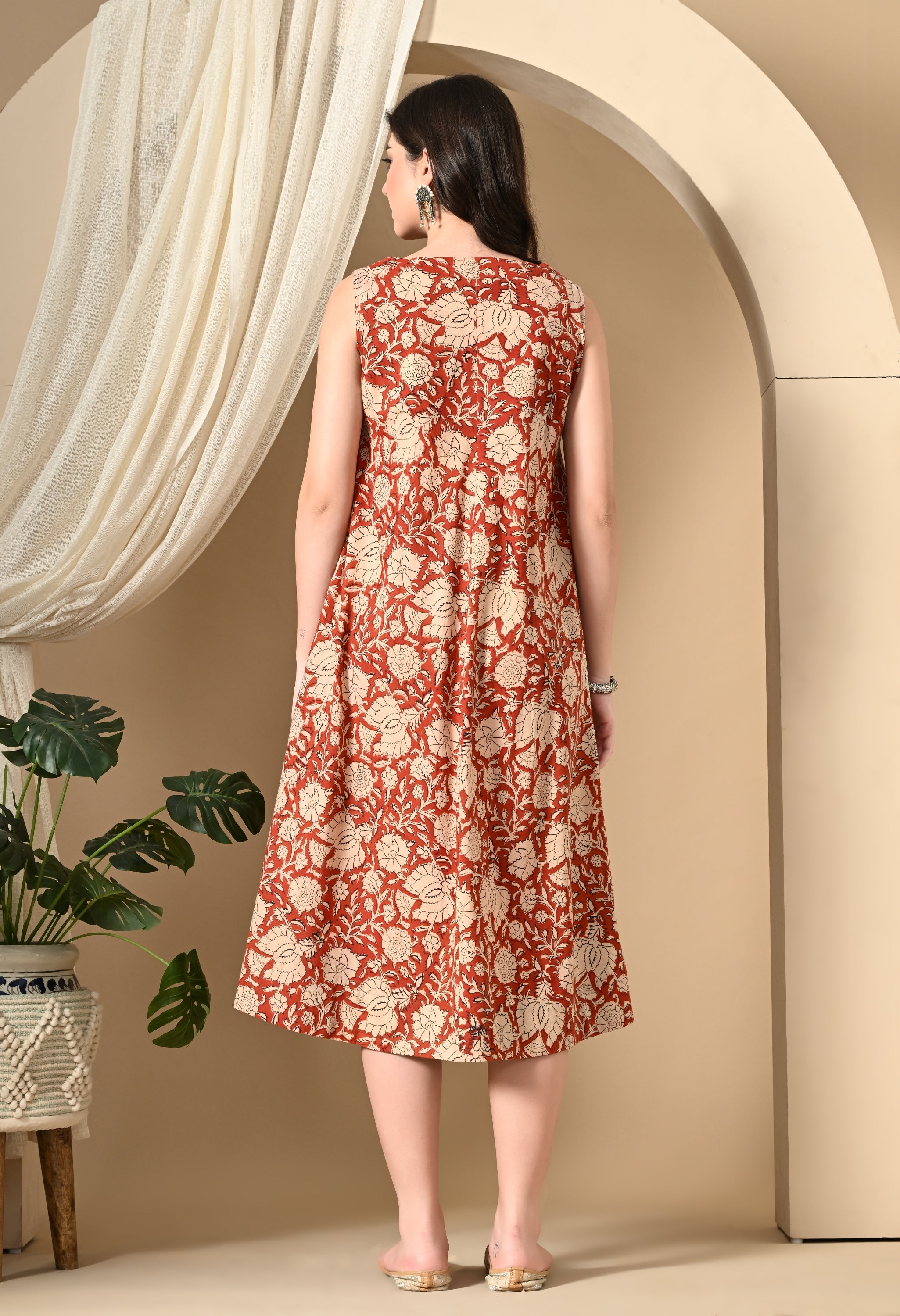 Brick Red Hand-Block Cotton Dress