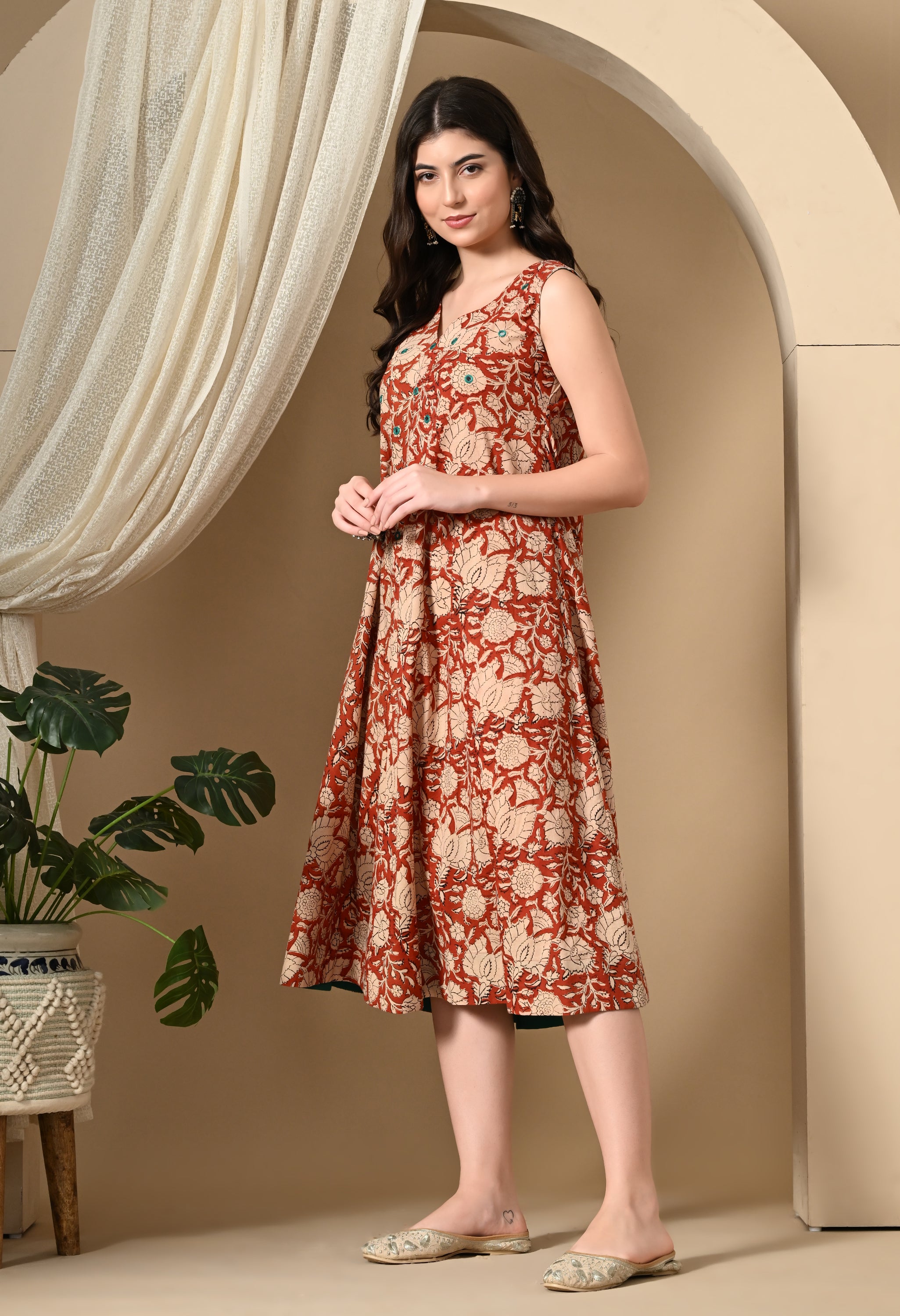 Brick Red Hand-Block Cotton Dress