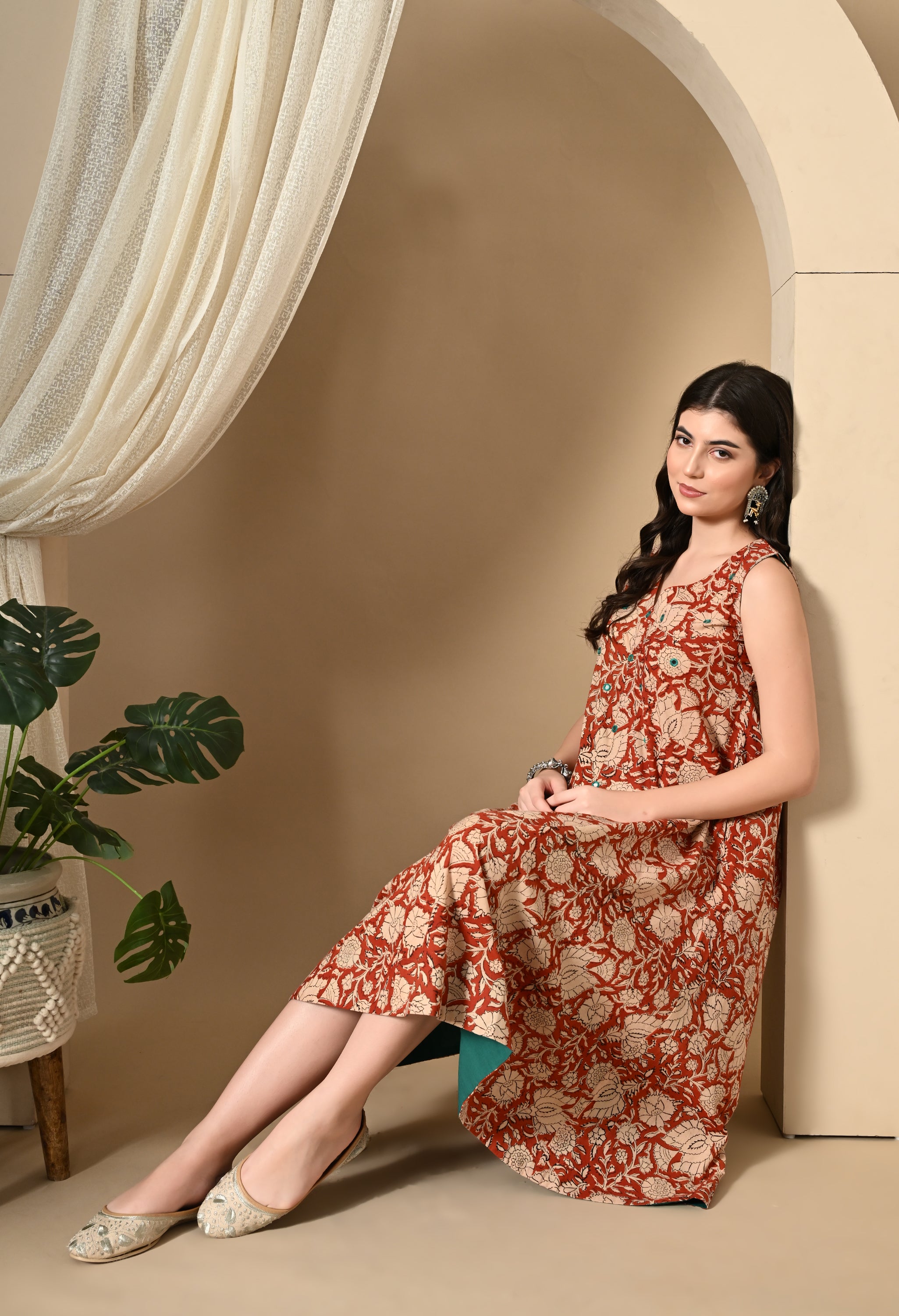 Brick Red Hand-Block Cotton Dress