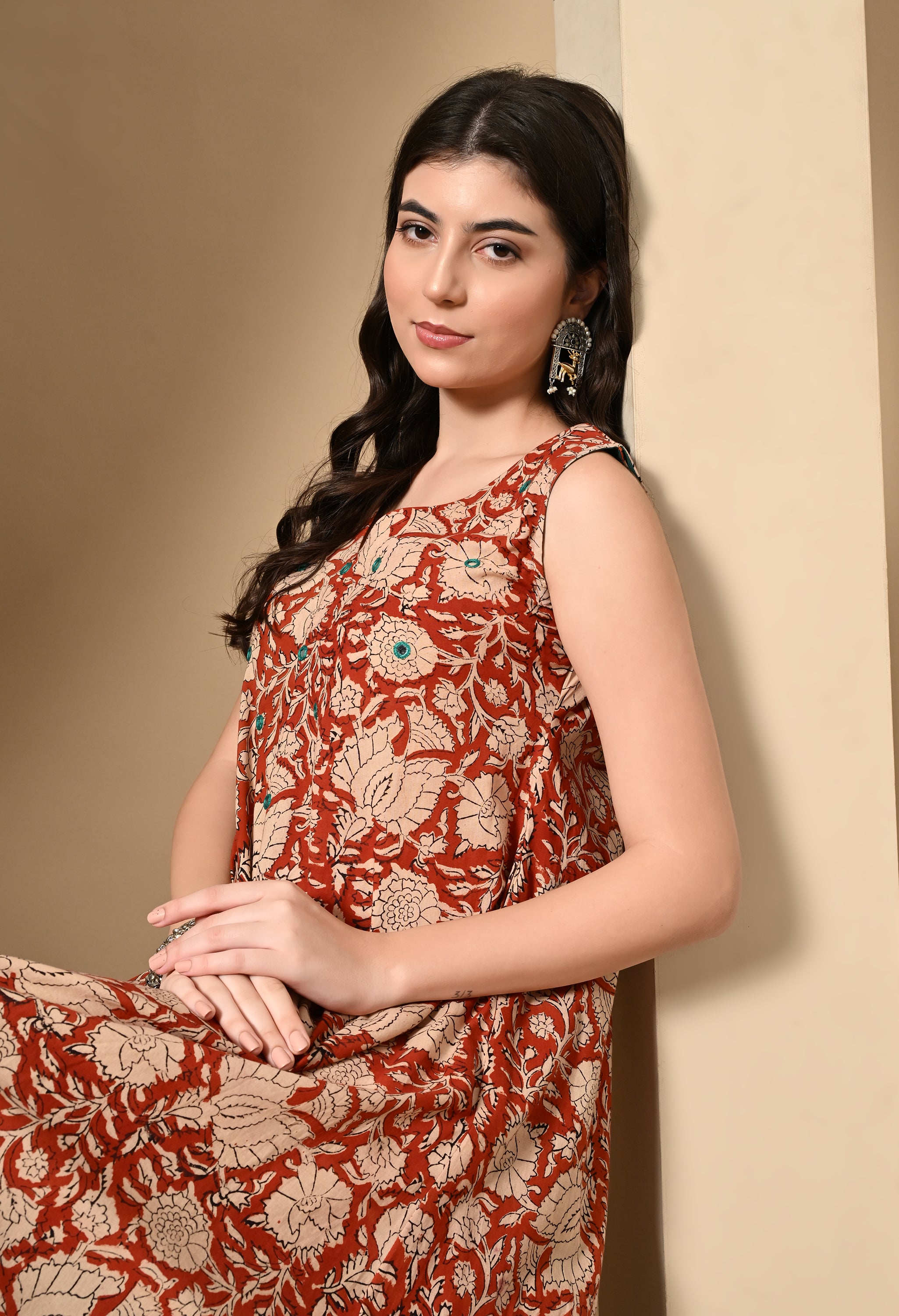 Brick Red Hand-Block Cotton Dress