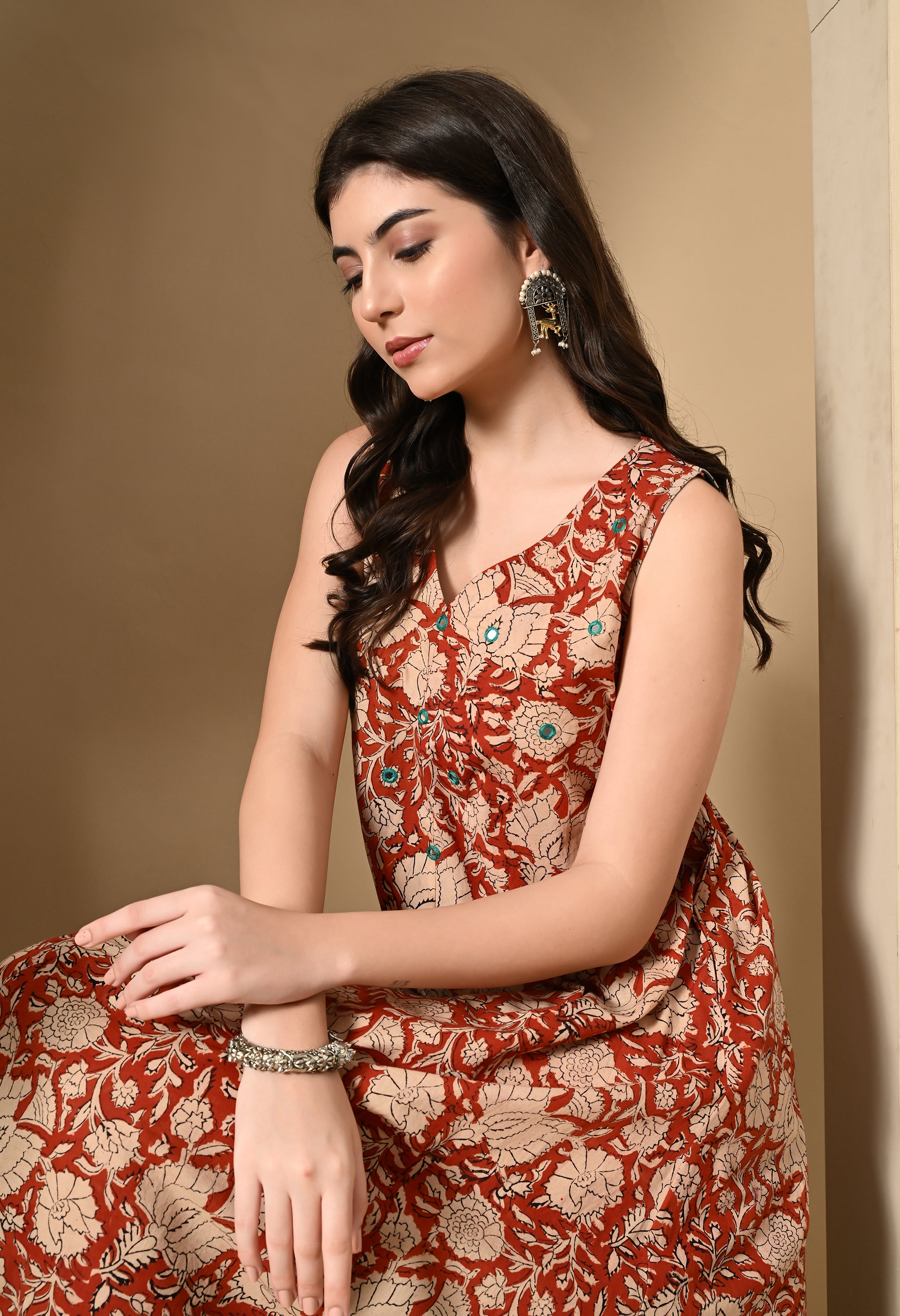 Brick Red Hand-Block Cotton Dress