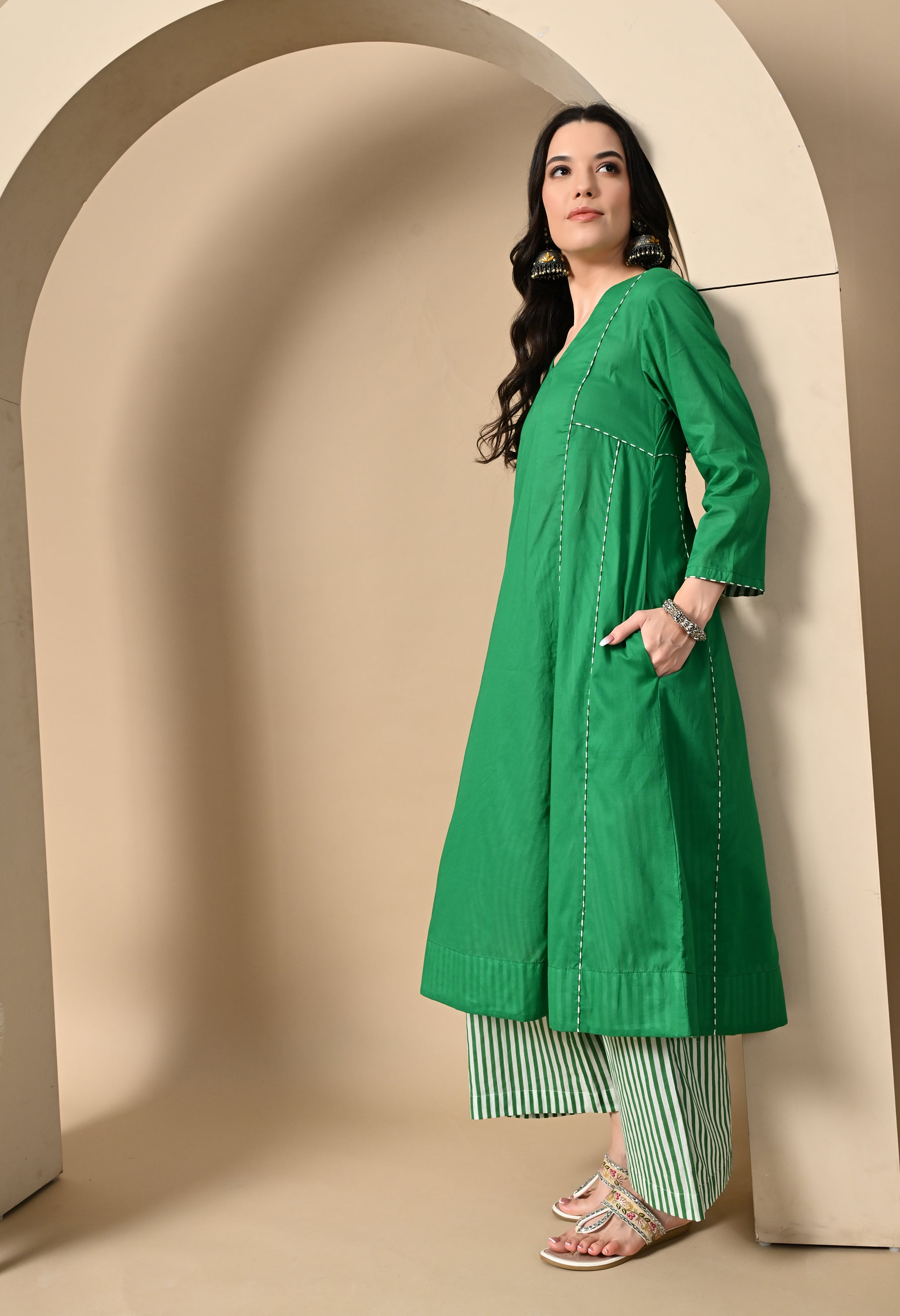 MALA GREEN PANEL KURTA SET