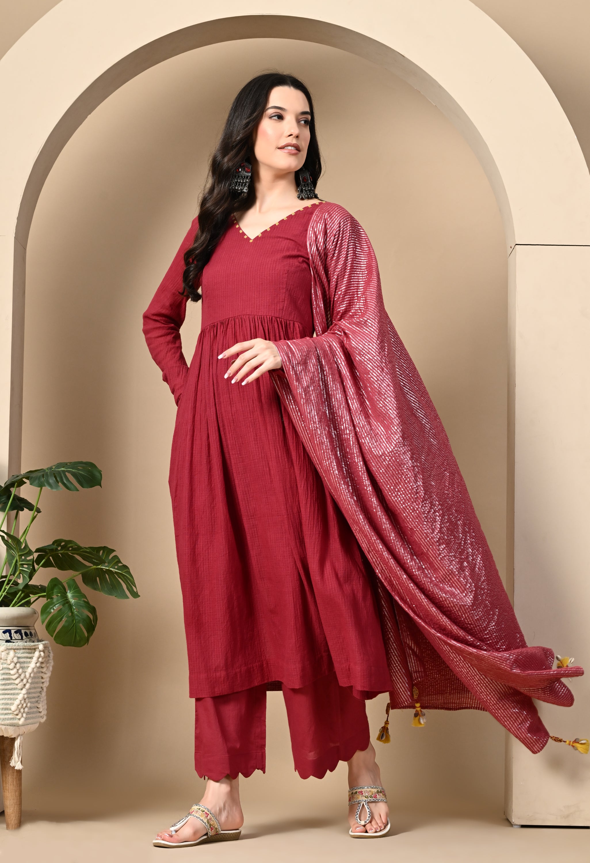 RED BERRY DORIYA KURTA SET