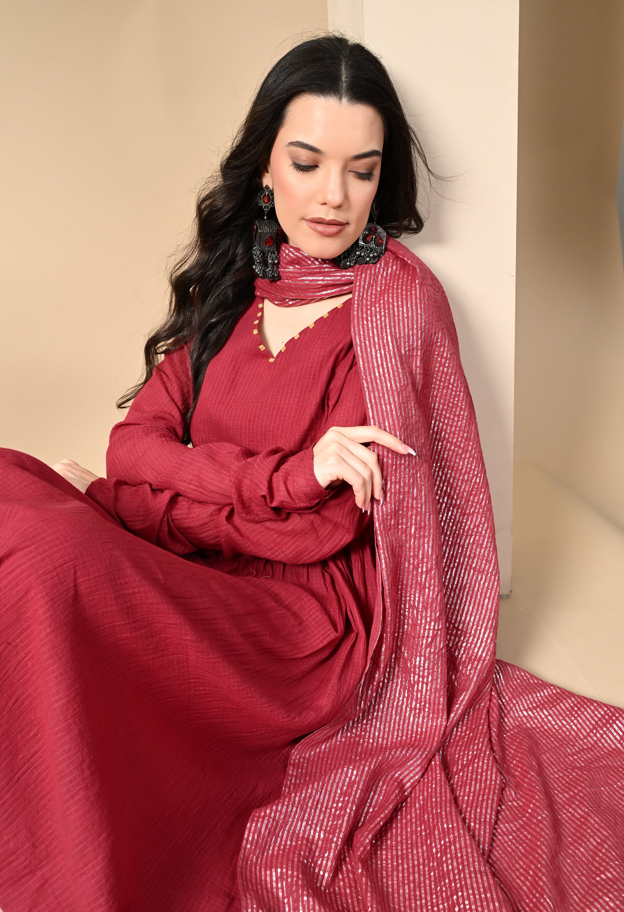 RED BERRY DORIYA KURTA SET