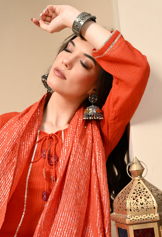 aabha-orange-kotta-doriya-kurta-set