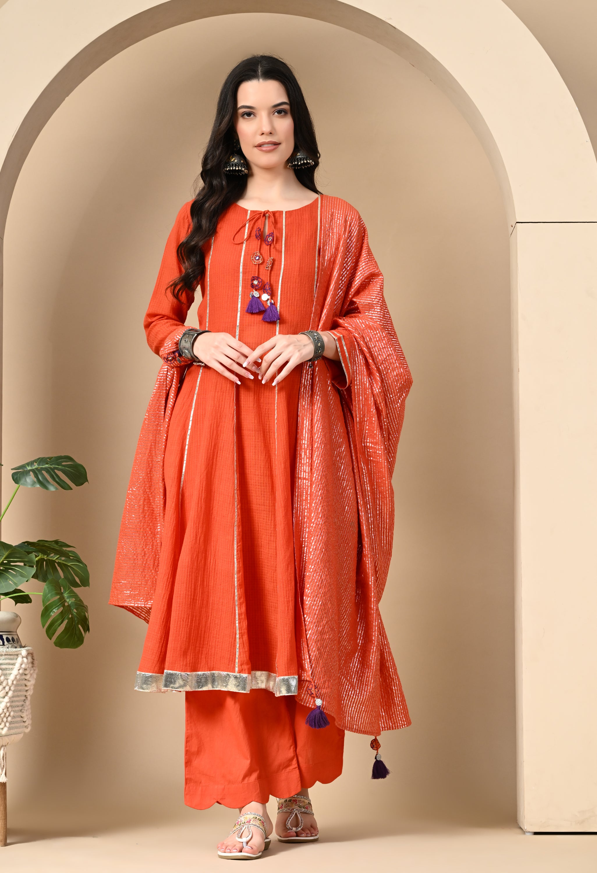 AABHA ORANGE KOTTA DORIYA KURTA SET