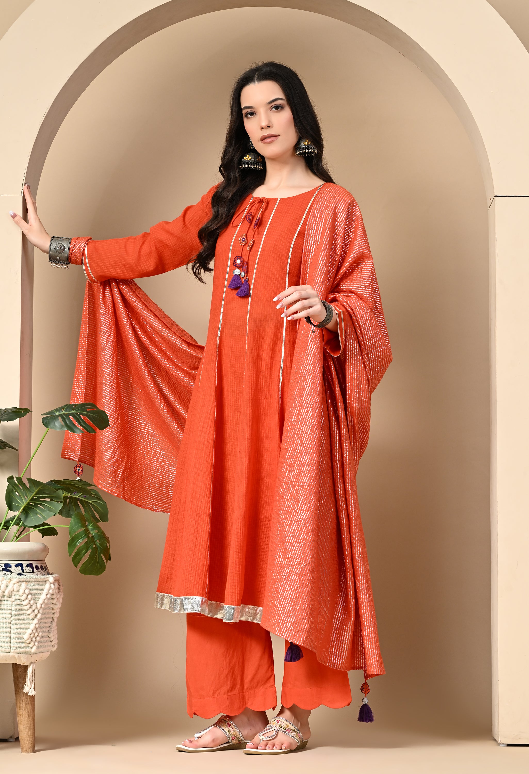 AABHA ORANGE KOTTA DORIYA KURTA SET