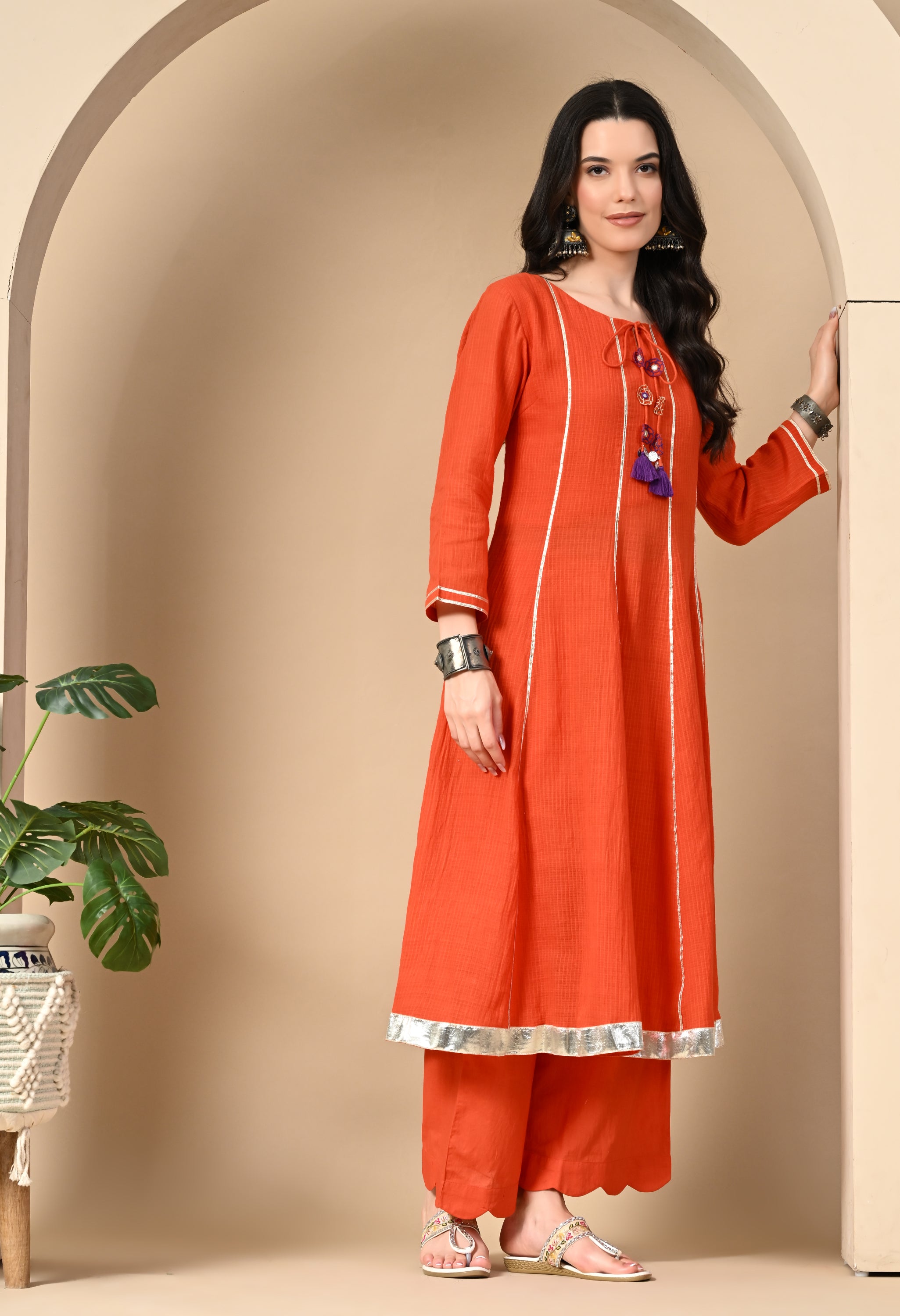 AABHA ORANGE KOTTA DORIYA KURTA SET