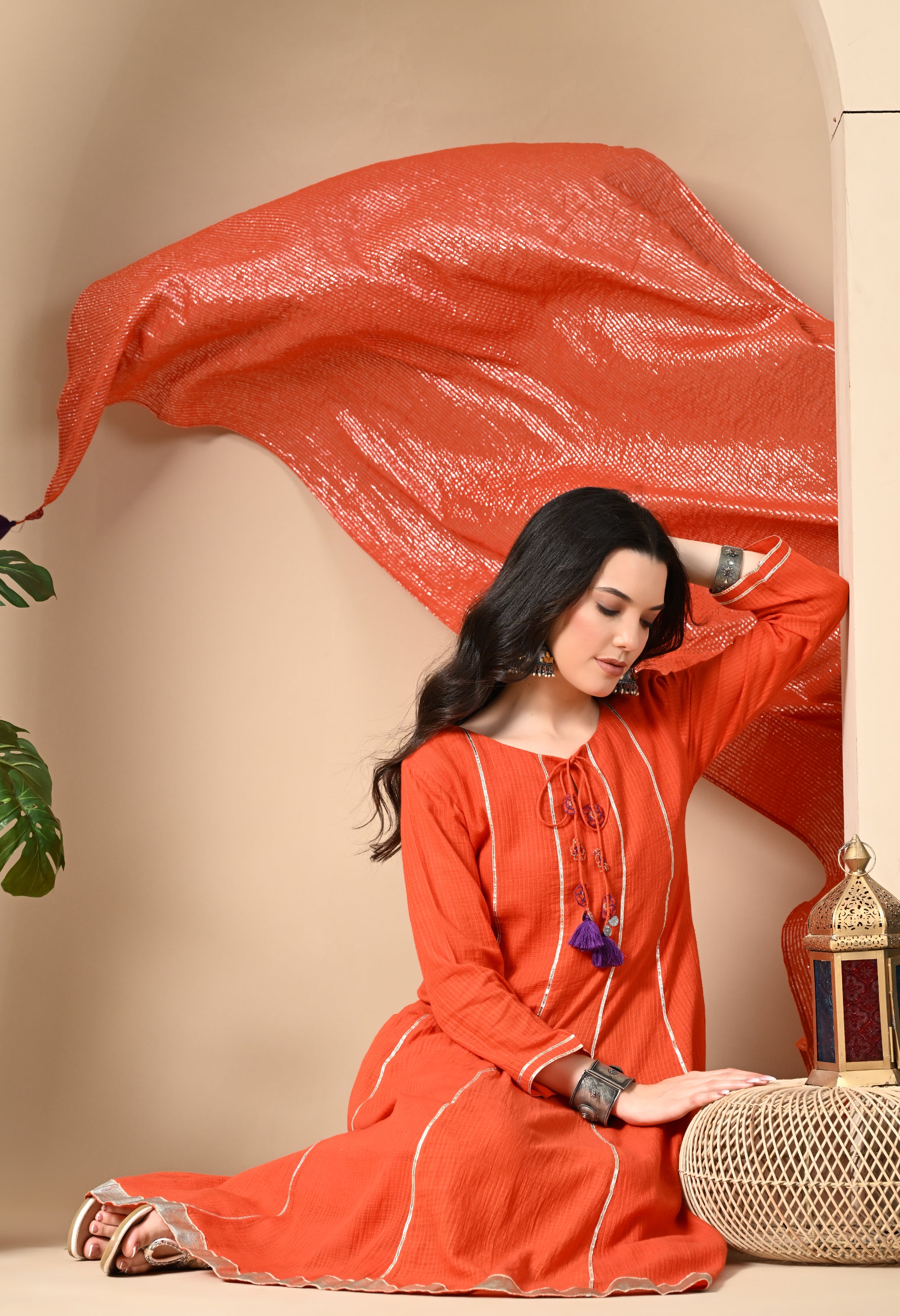 AABHA ORANGE KOTTA DORIYA KURTA SET