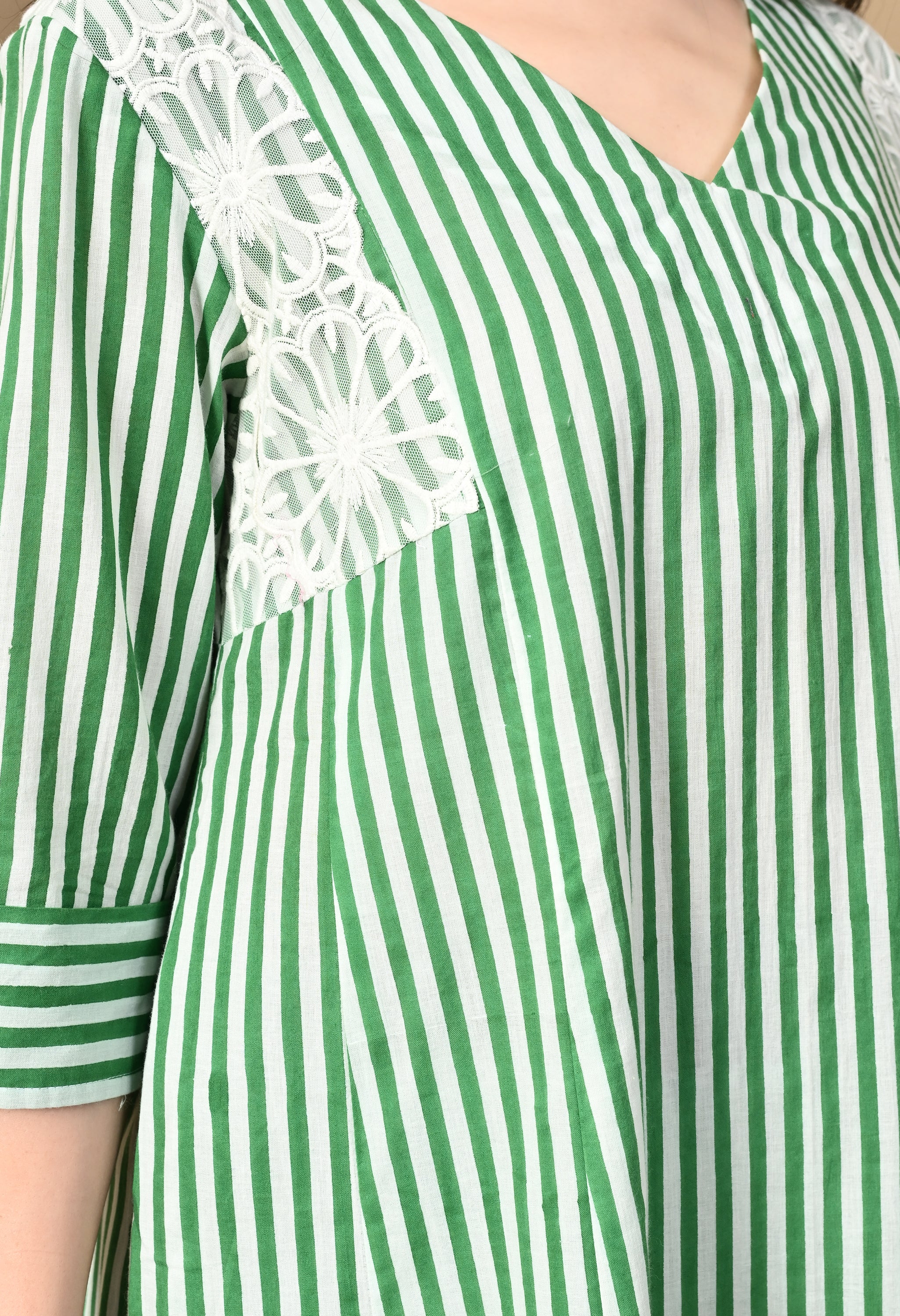 Handblock  Stripe Cotton Panel Kurta Set