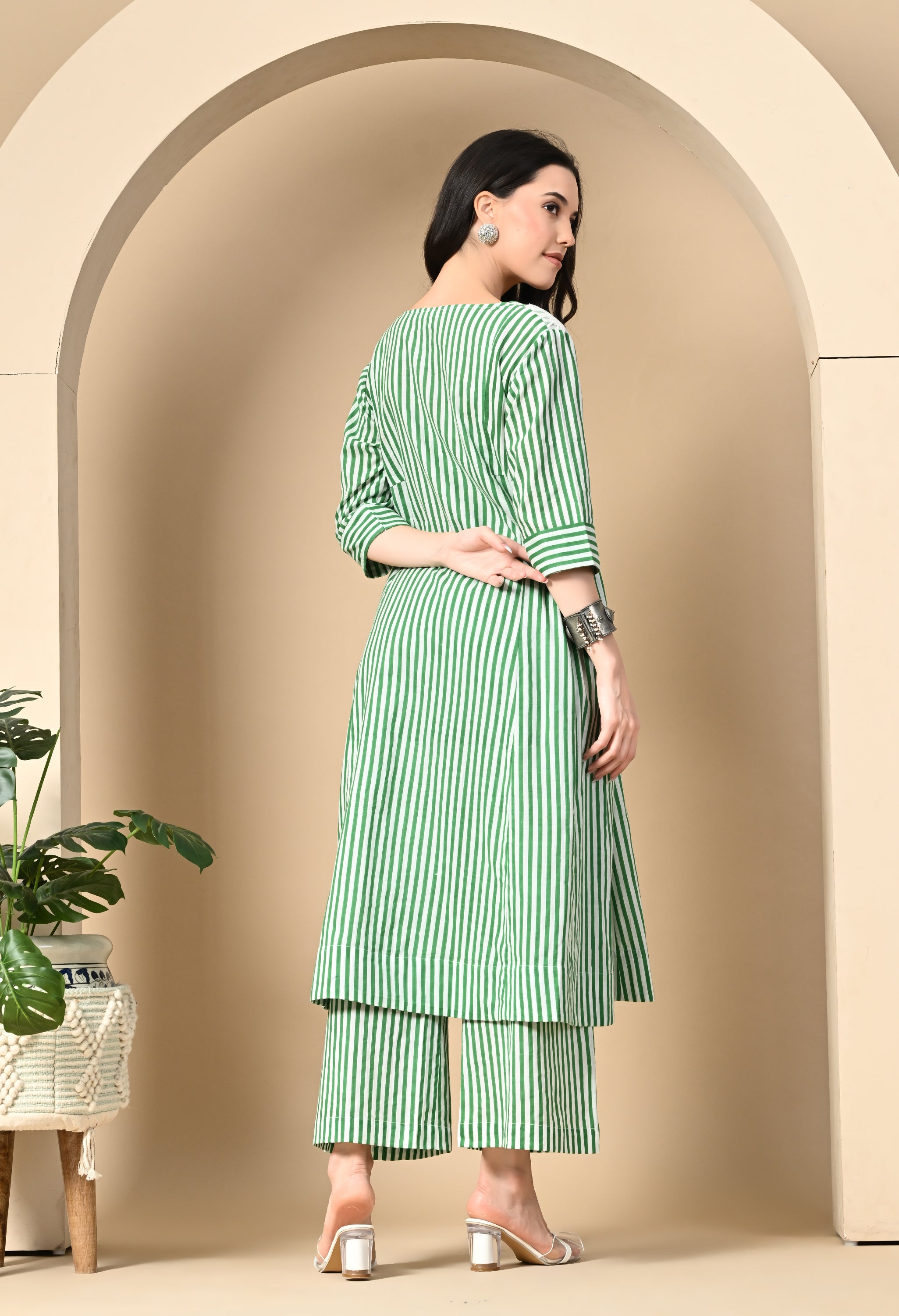 Handblock  Stripe Cotton Panel Kurta Set