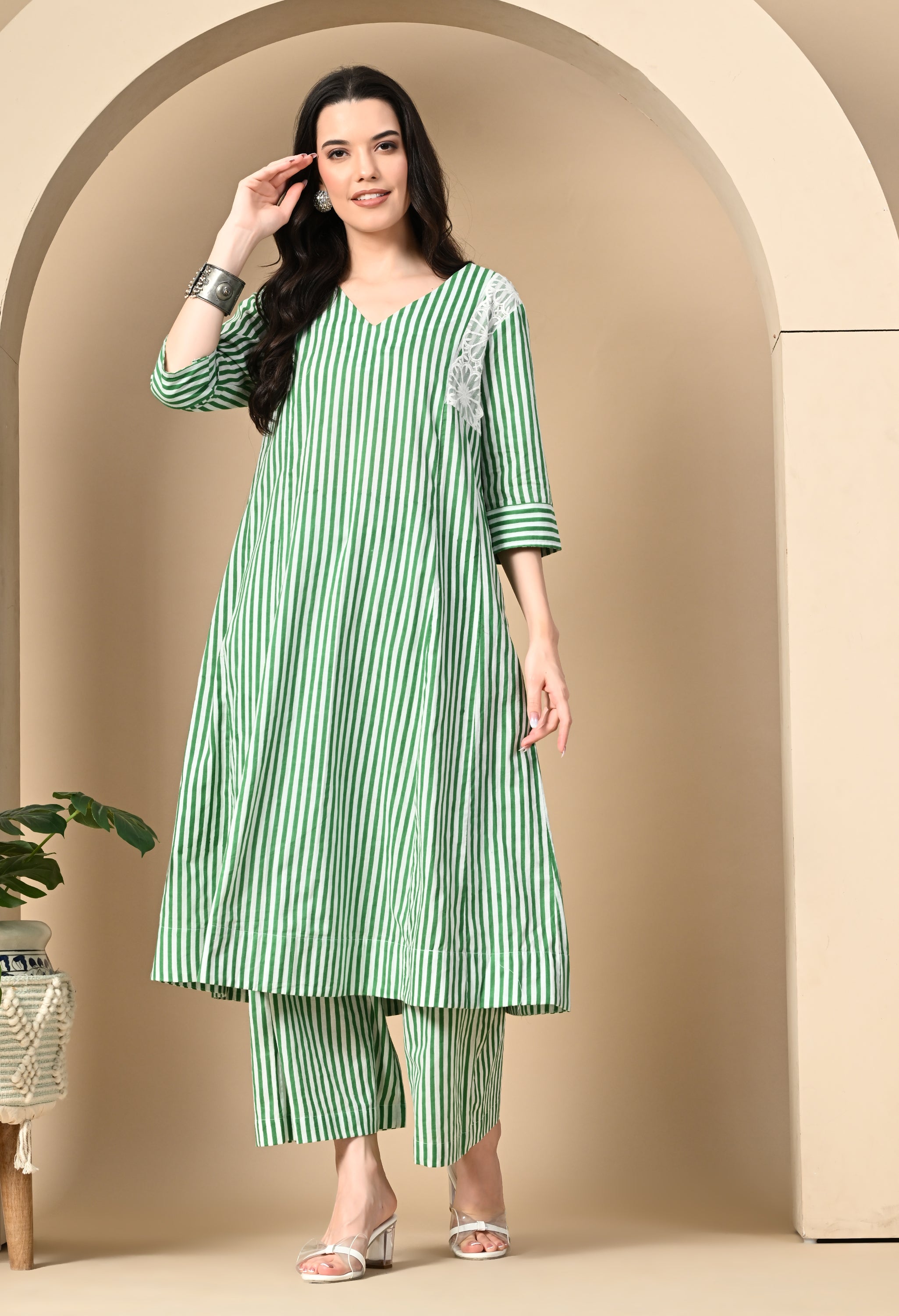 Handblock  Stripe Cotton Panel Kurta Set