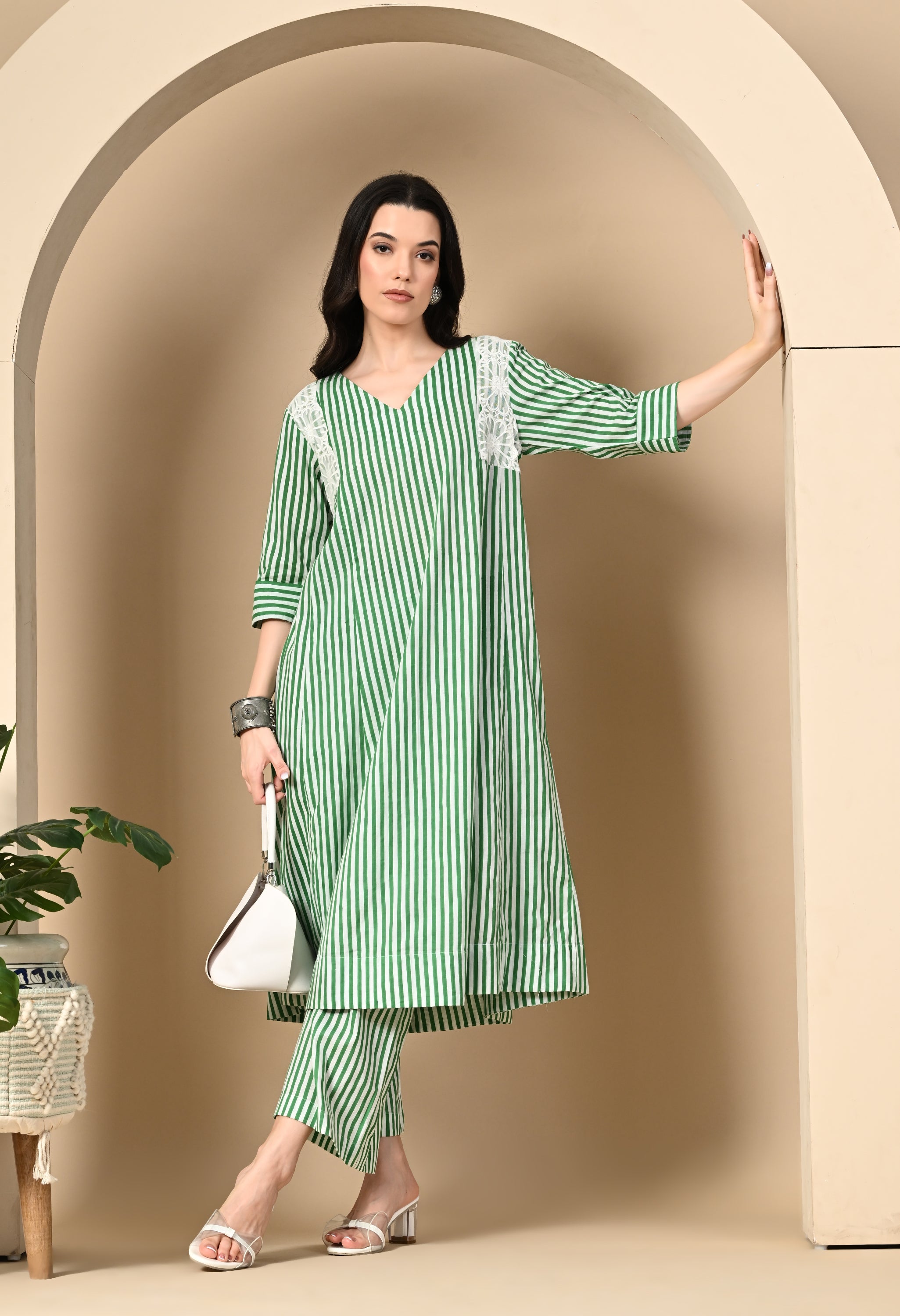 Handblock  Stripe Cotton Panel Kurta Set
