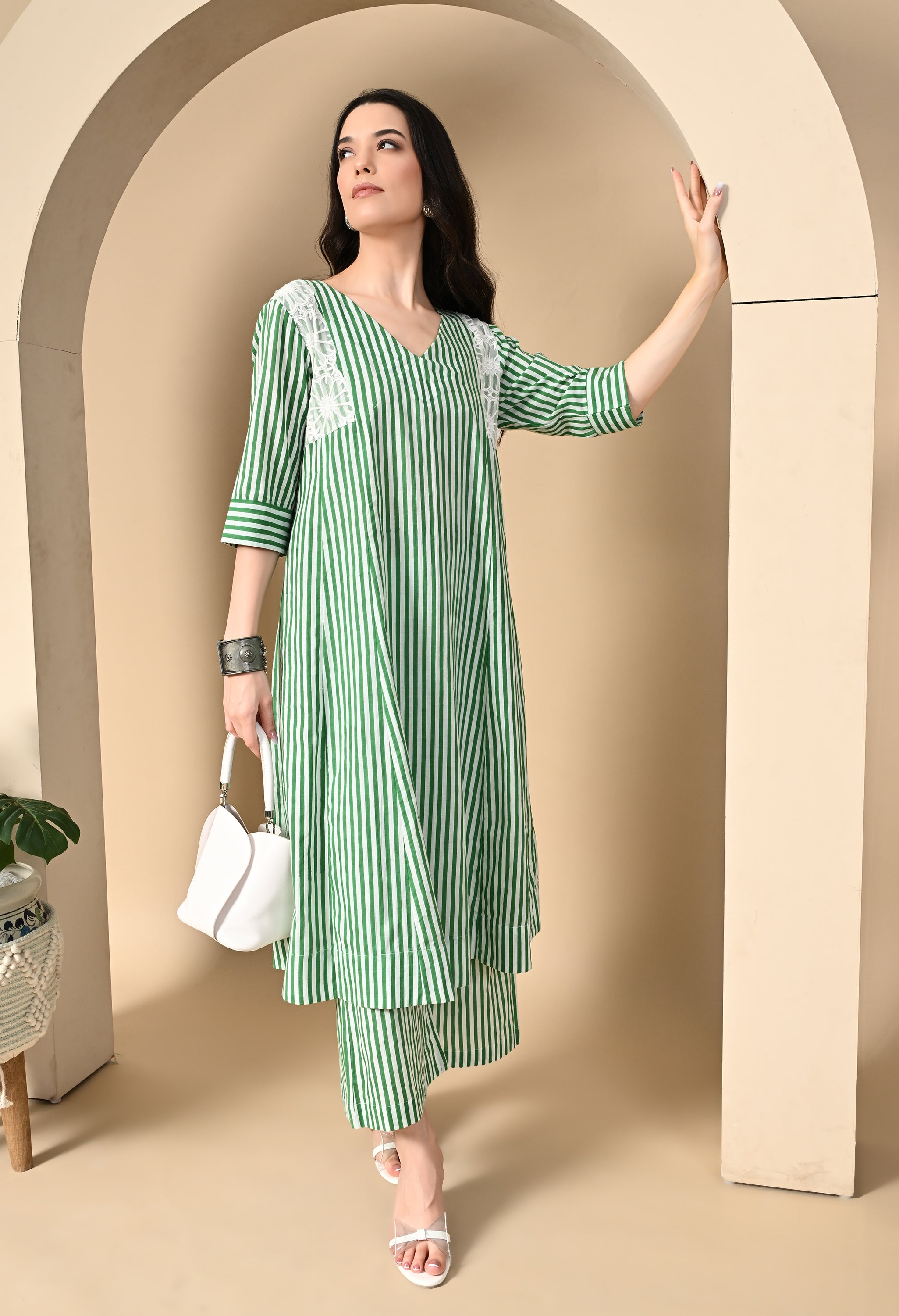 Handblock  Stripe Cotton Panel Kurta Set