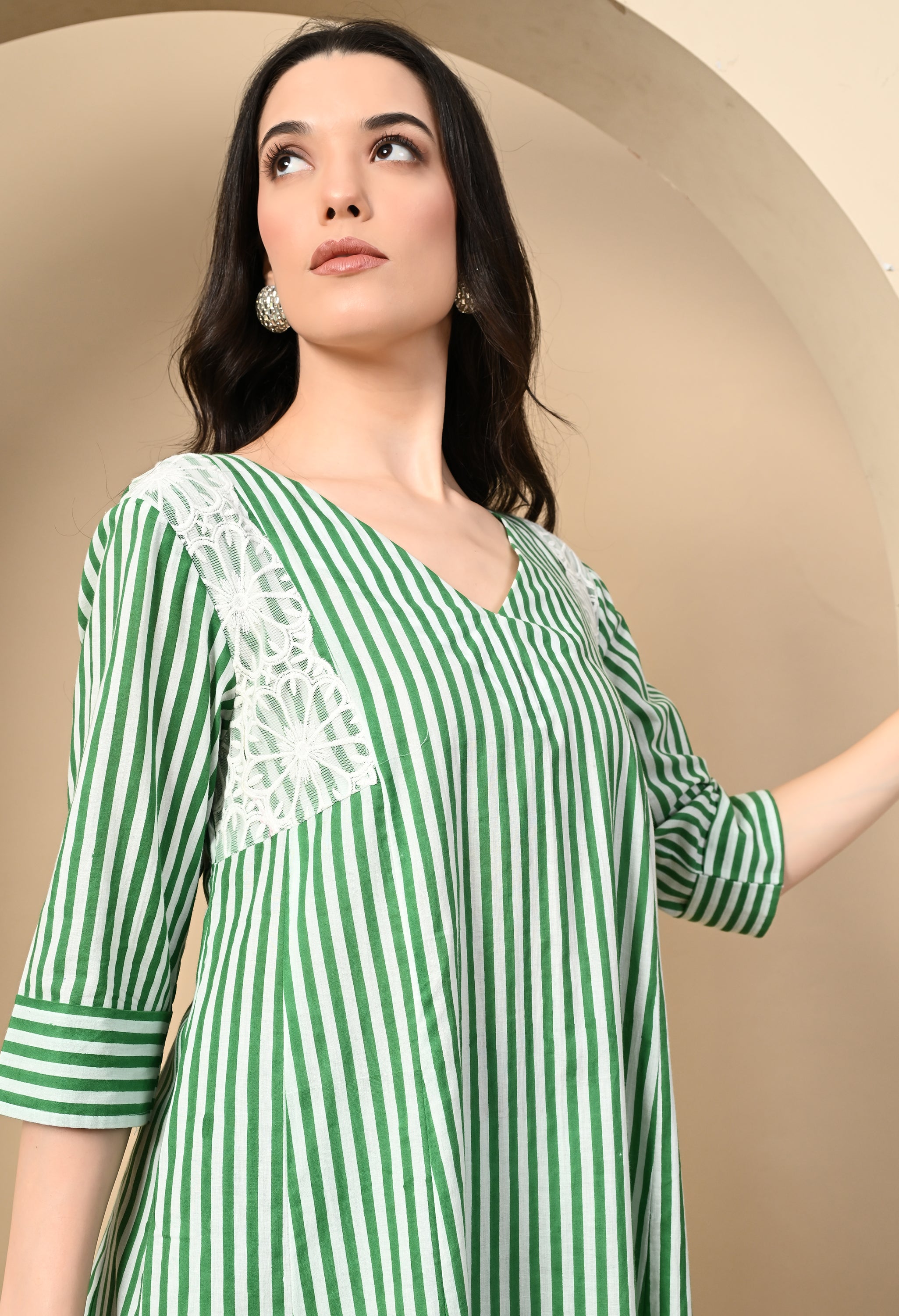 Handblock  Stripe Cotton Panel Kurta Set