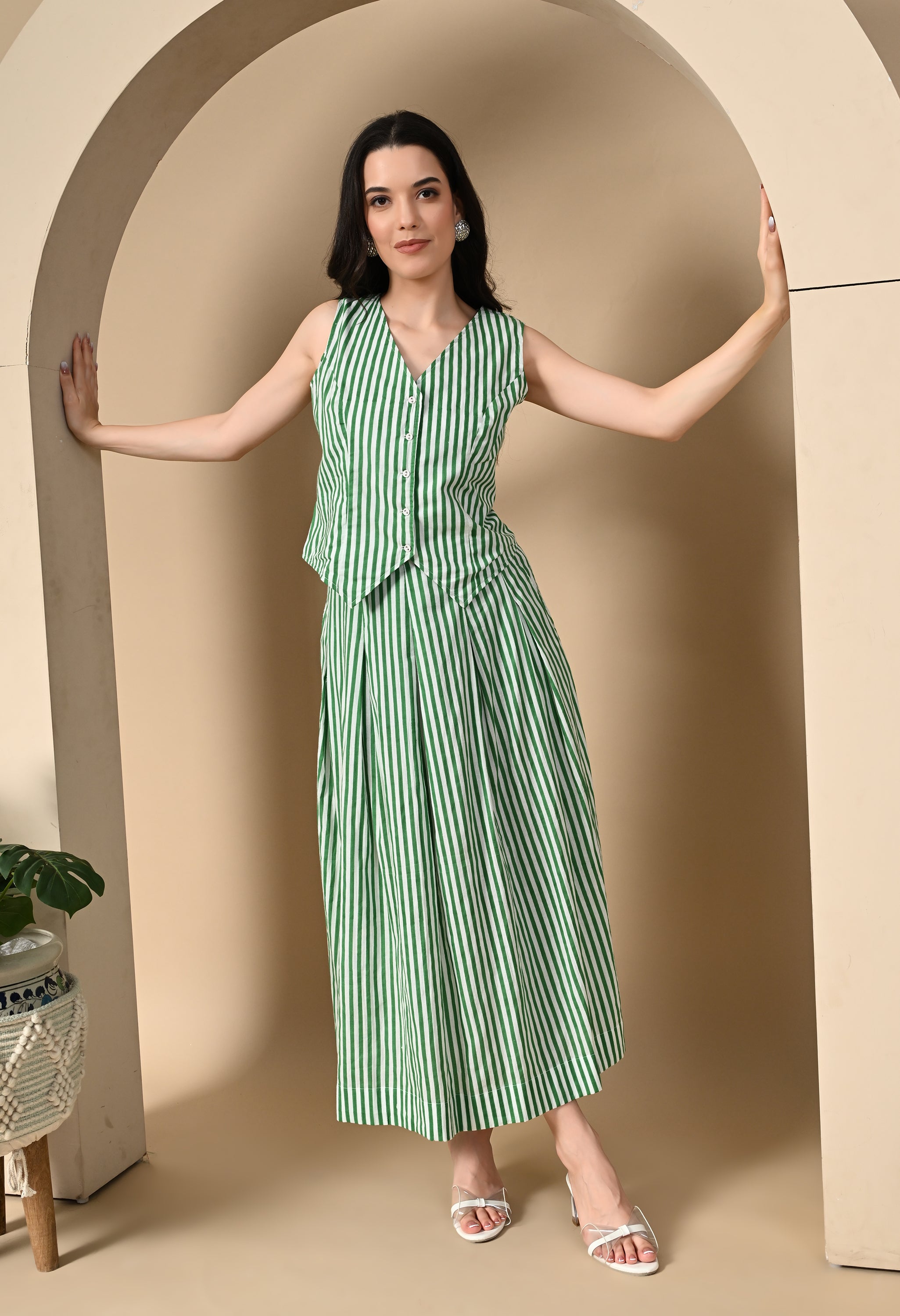 Handblock Stripe Cotton Skirt Set