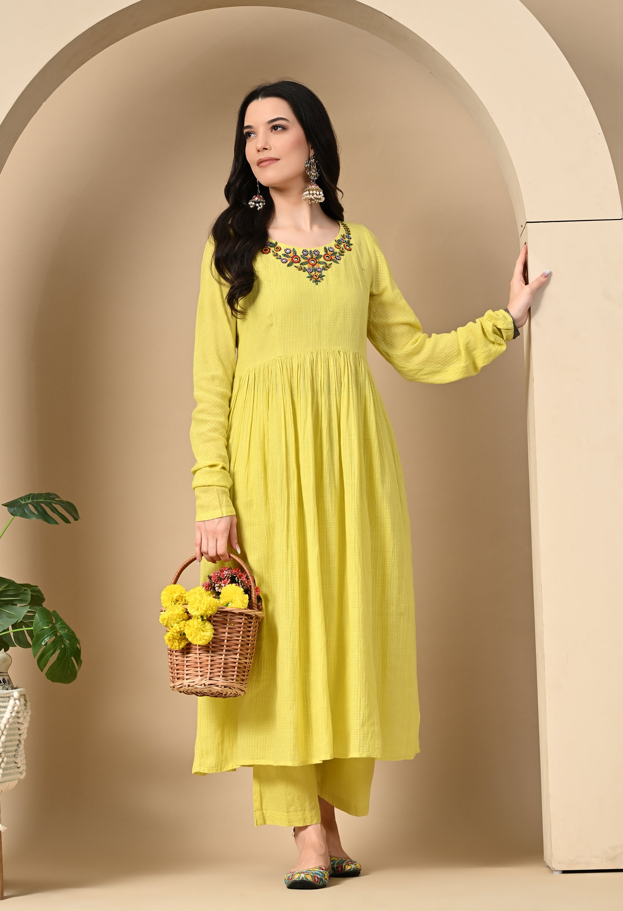 LIME YELLOW KOTTA DORIYA KURTA SET