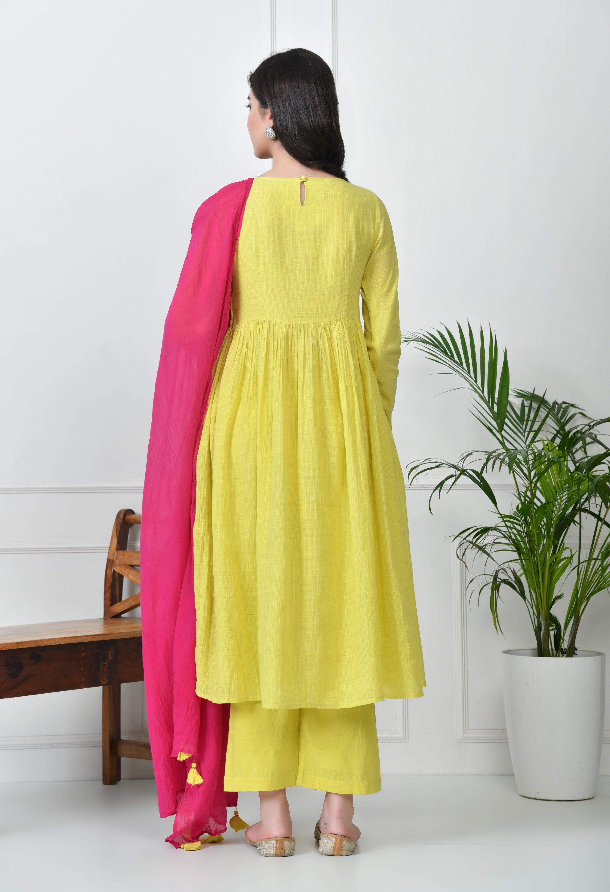 LIME YELLOW KOTTA DORIYA KURTA SET