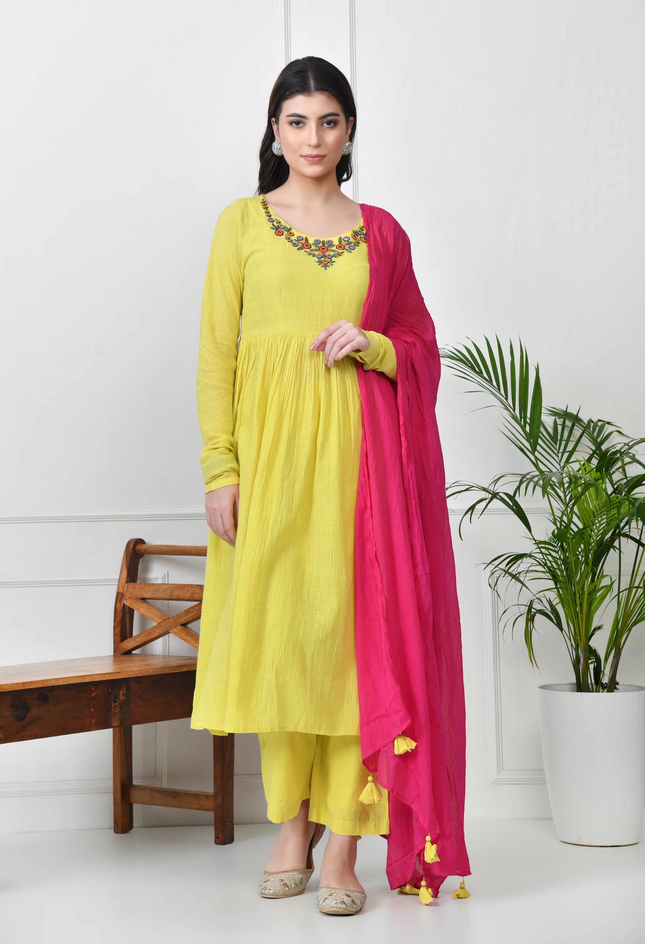 LIME YELLOW KOTTA DORIYA KURTA SET