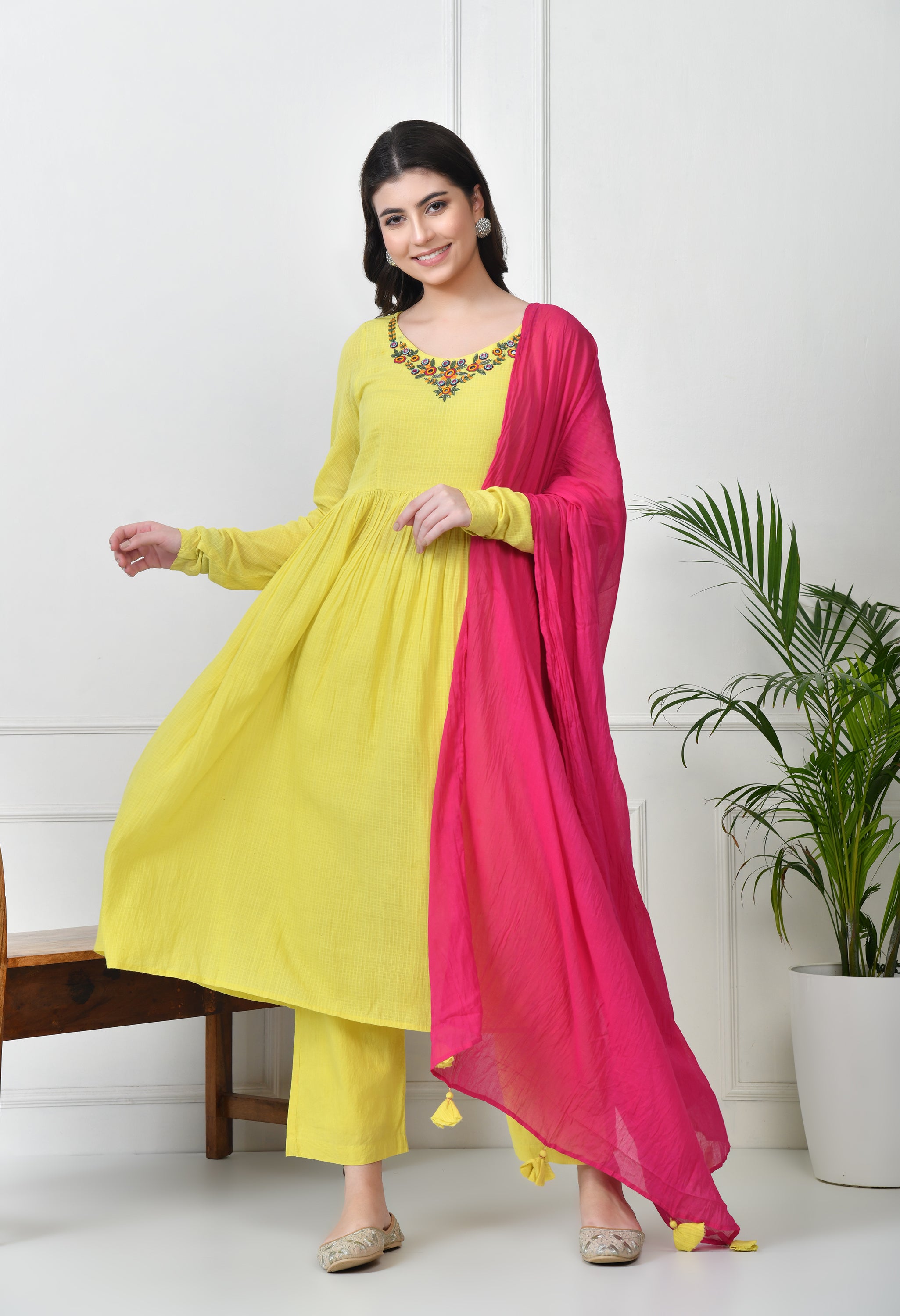 LIME YELLOW KOTTA DORIYA KURTA SET