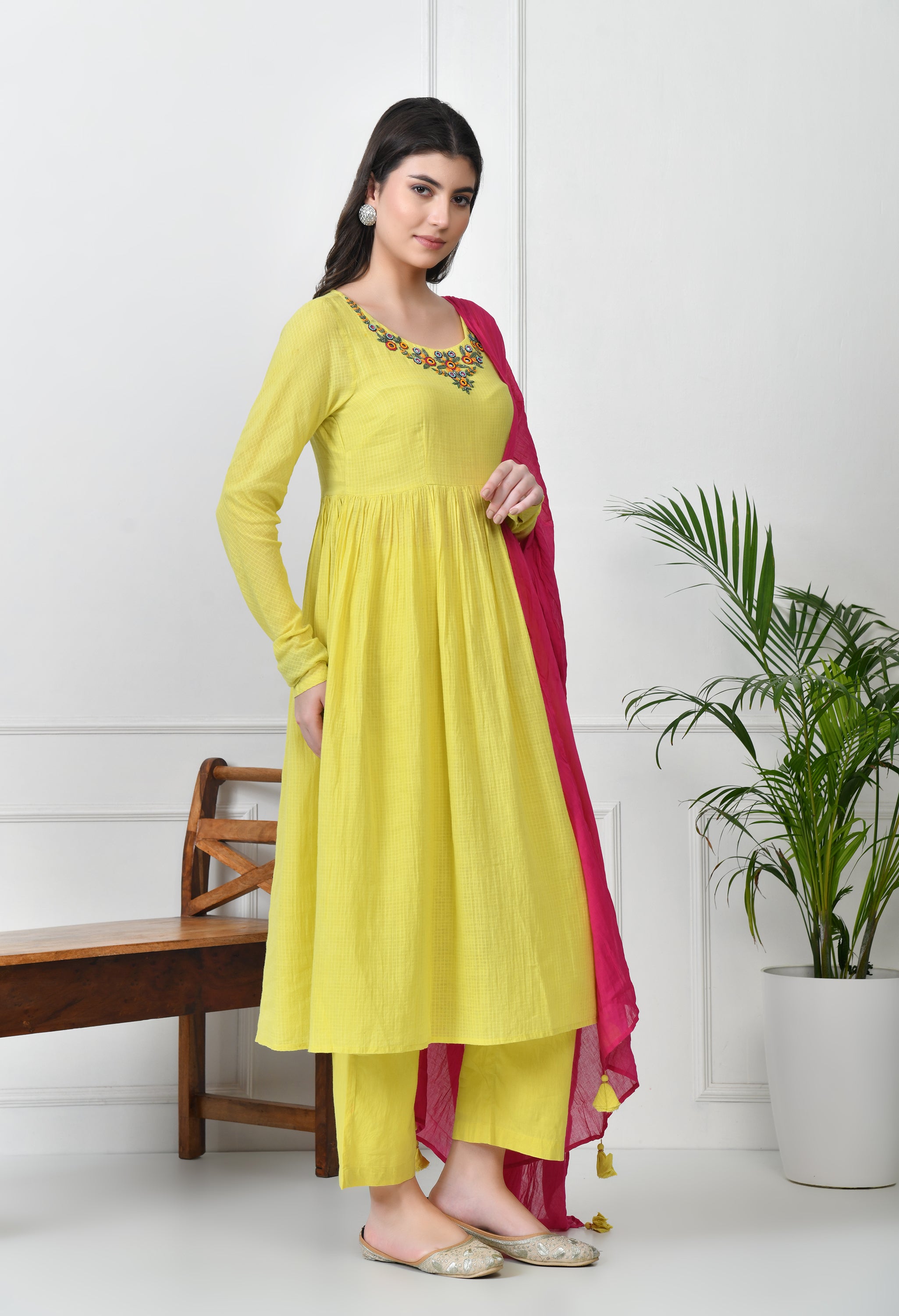 LIME YELLOW KOTTA DORIYA KURTA SET
